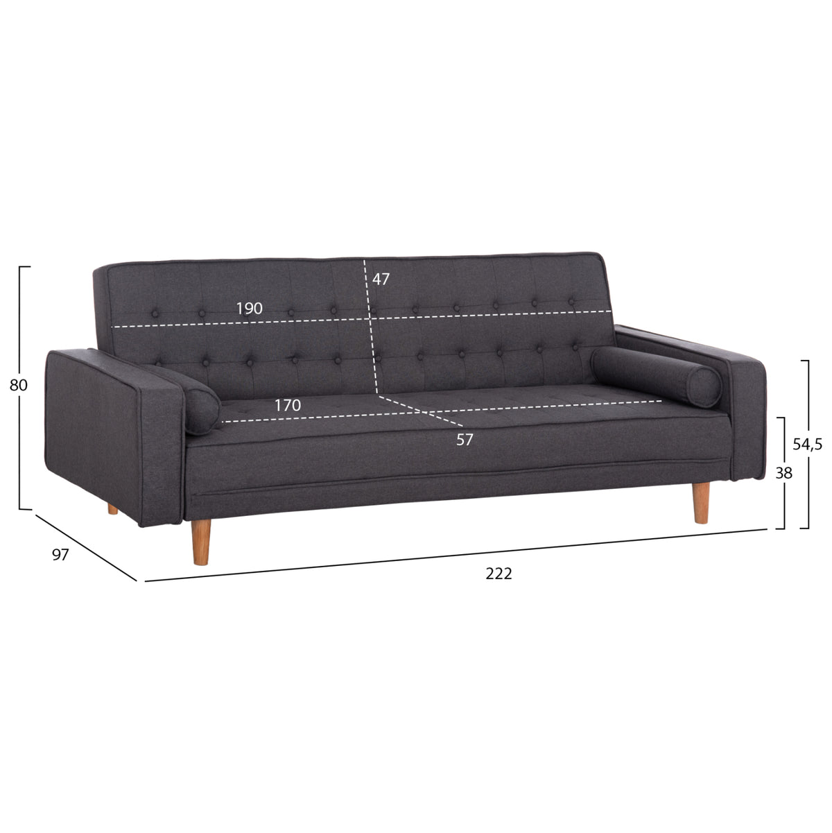 Диван легло Кремона Сив с 2 възглавници 222x97x80Hcm