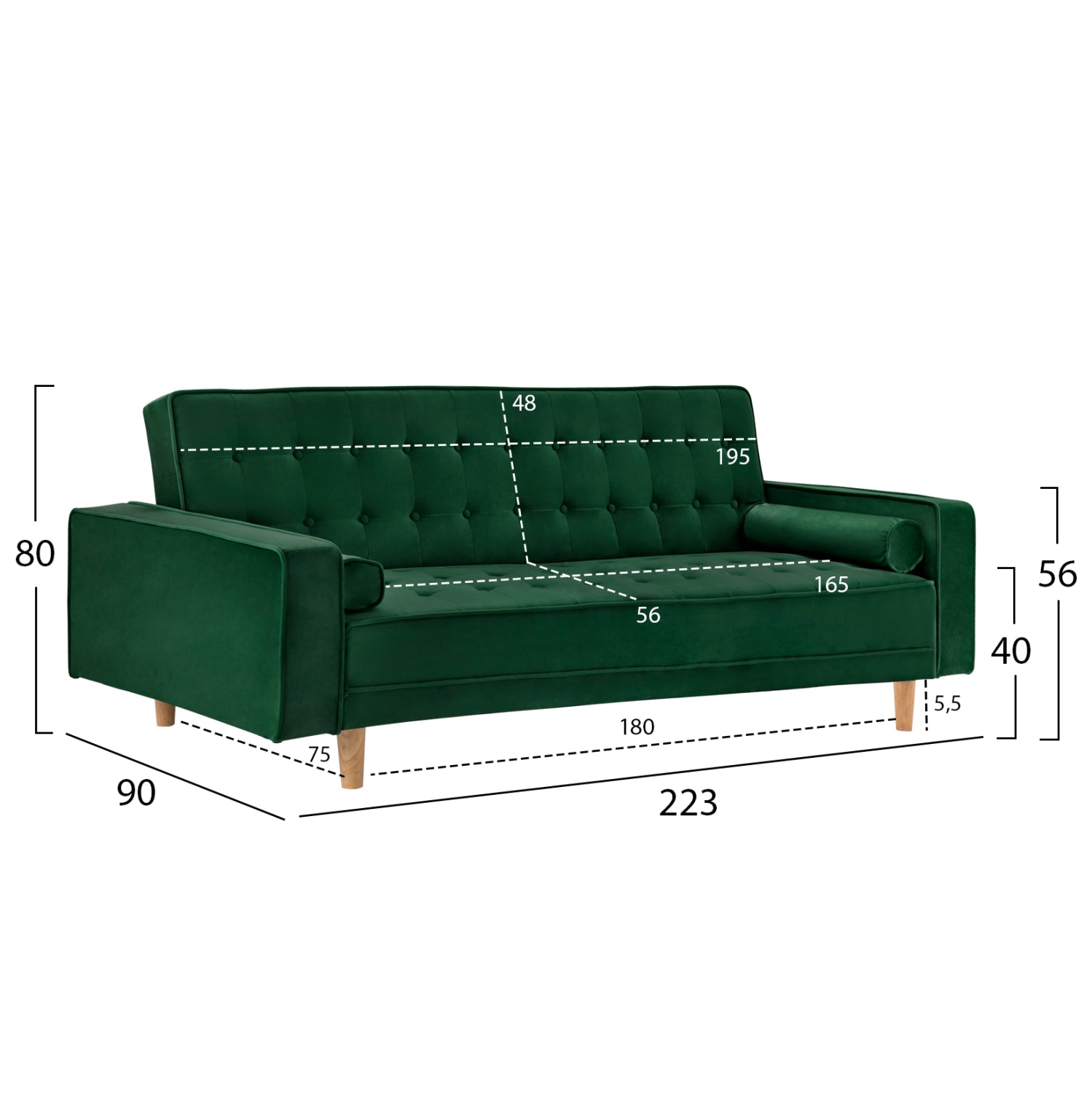 Разтегателен диван Кремона кадифе зелен 224X88X84Y cm.