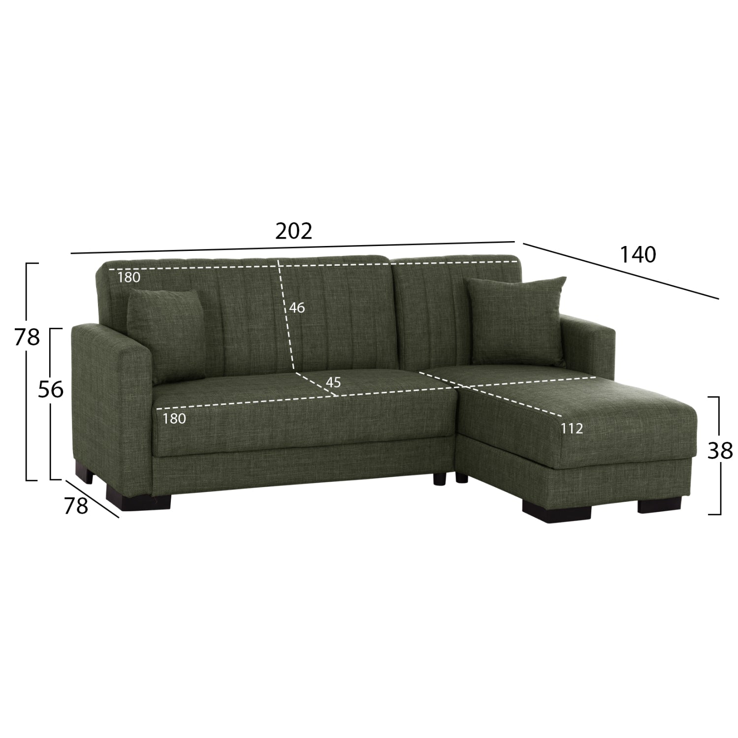 , ъглов диван с функция легло, тъмно маслинен, двулицев, 202x140x78см