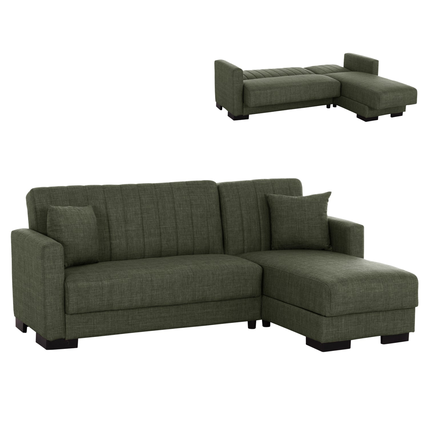 , ъглов диван с функция легло, тъмно маслинен, двулицев, 202x140x78см