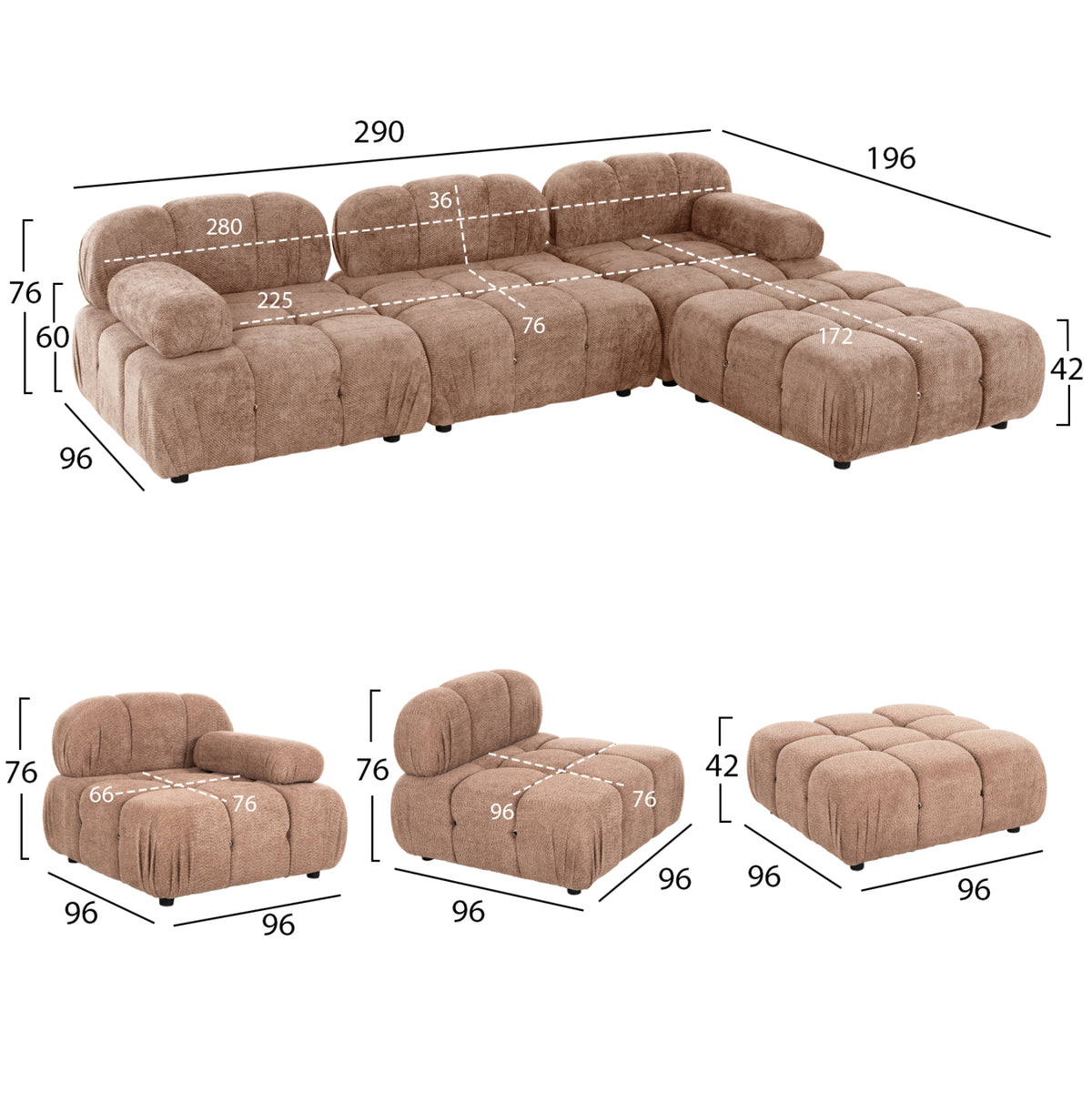 Полиморфен диван Портофино текстилна материя светлокафяв 290x196x76Hсм.