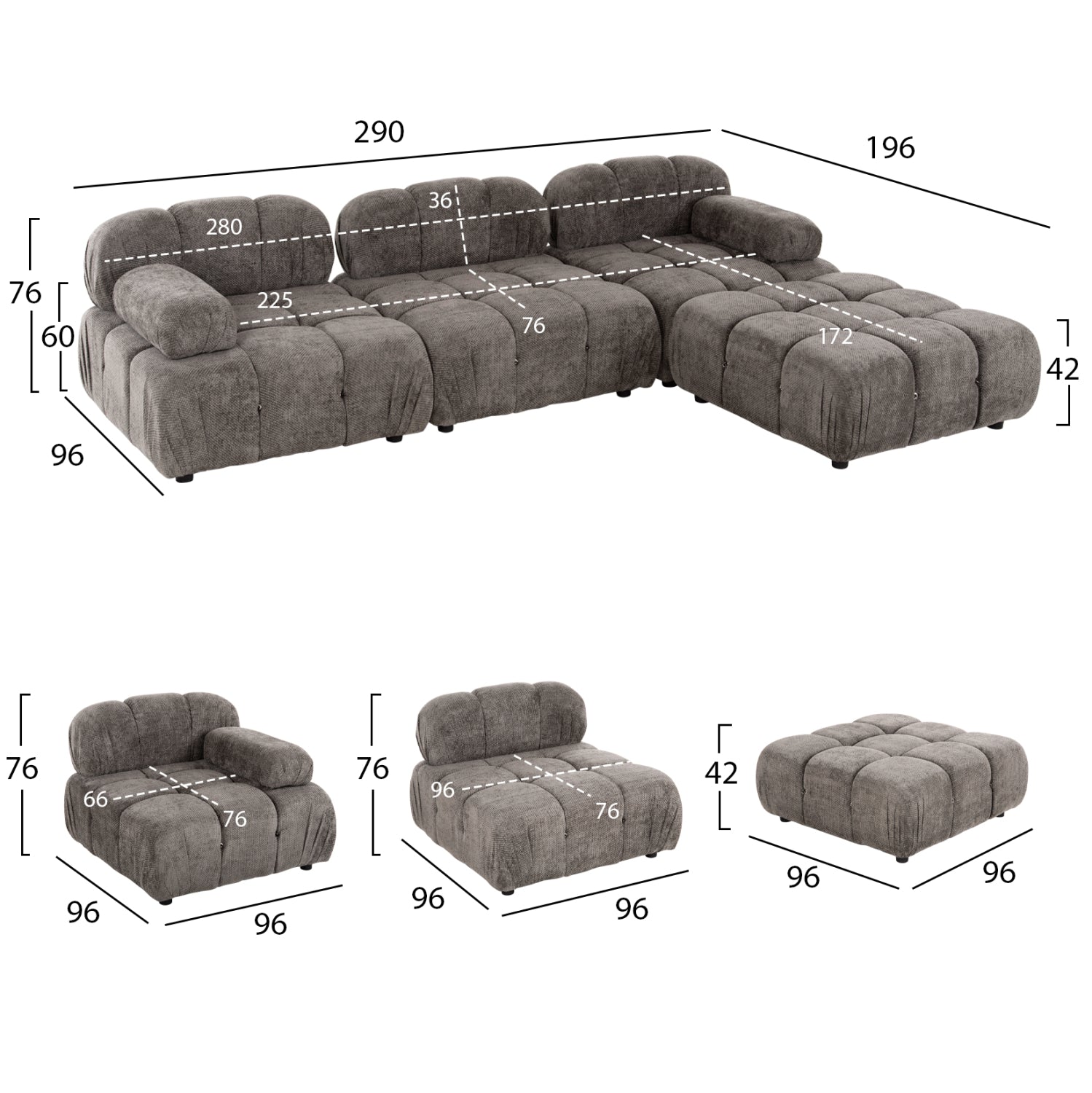Полиморфен диван Портофино текстилна материя сив 290x196x76Hсм.