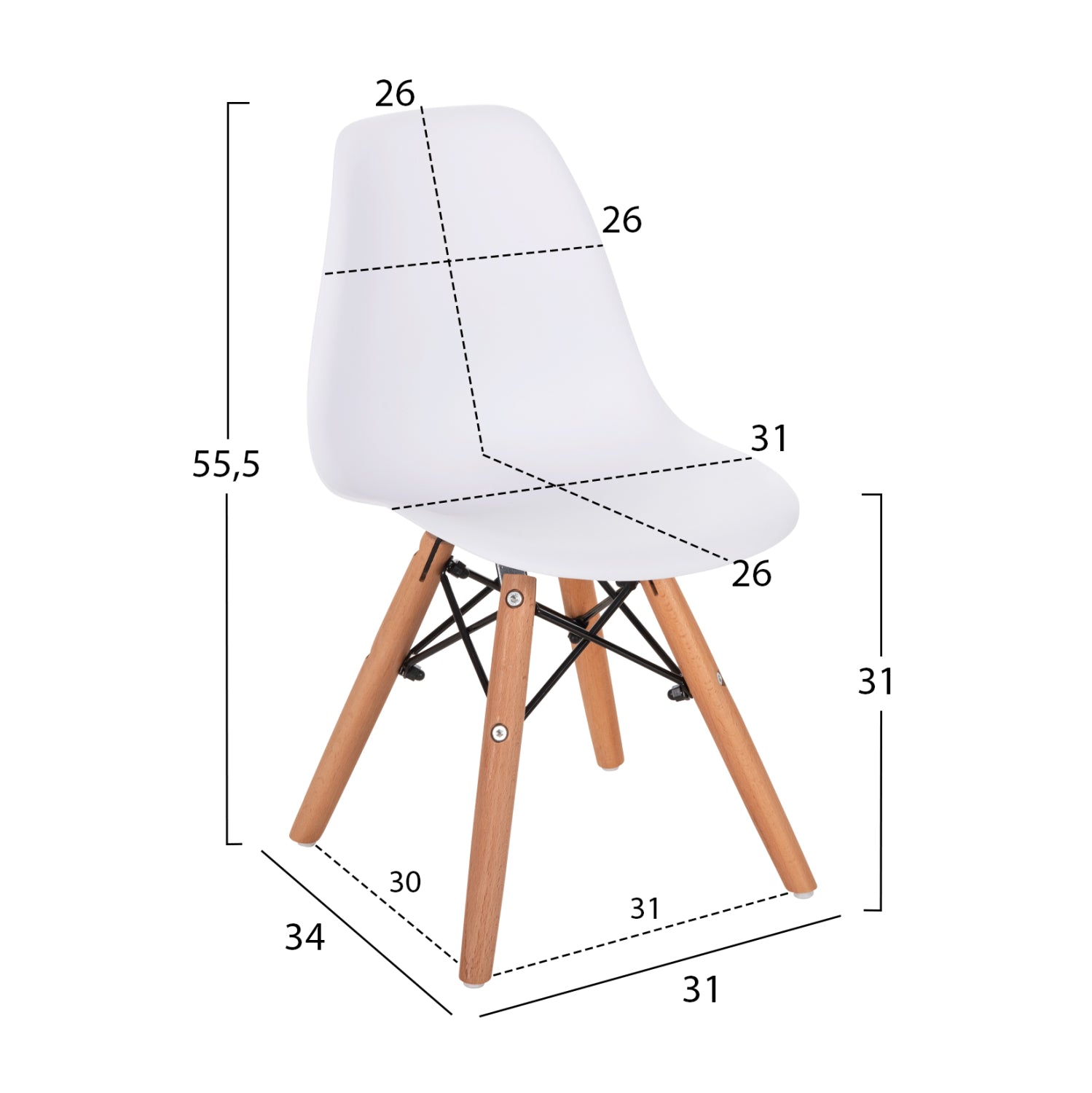 Детски стол Twist Kid с дървени крака и бяла PP седалка 31x34x55.5H