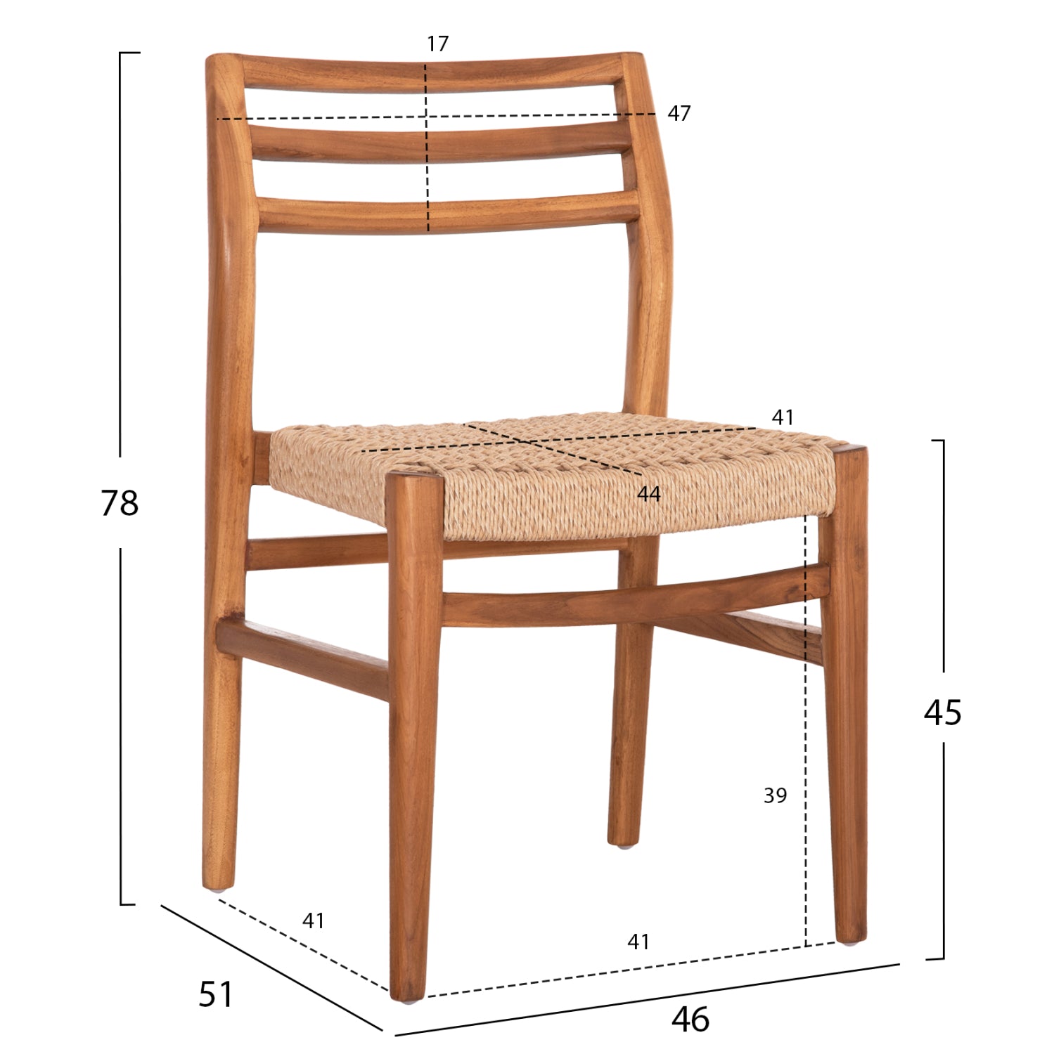 Трапезен стол HERRIN тиково дърво-виро въже 46x51x78Hсм.