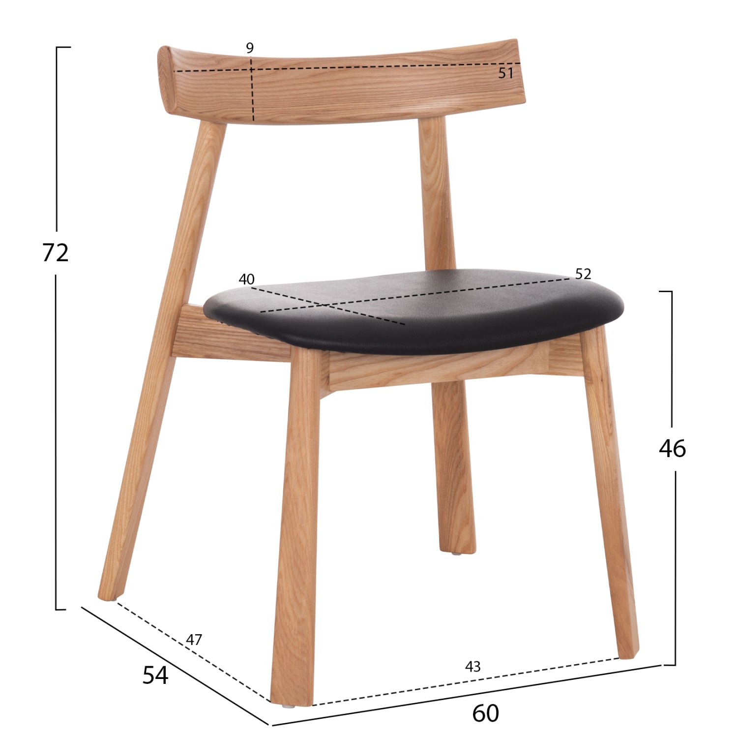 Трапезен стол SEKAN от гумено дърво - черен PU 60x54x72Hсм.