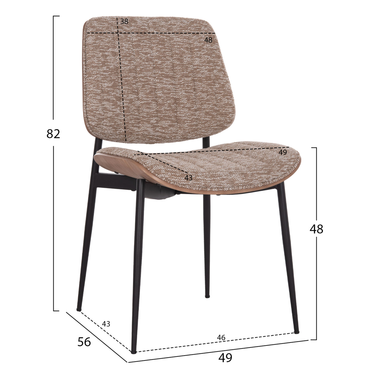 Трапезен стол CONTI черен метал – кафяв плат 49x56x82см