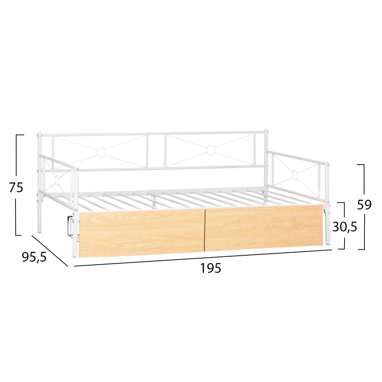 Разтегателен диван Bernie метална рамка в бяло и чекмеджета Sonoma - за матрак 190x90см.