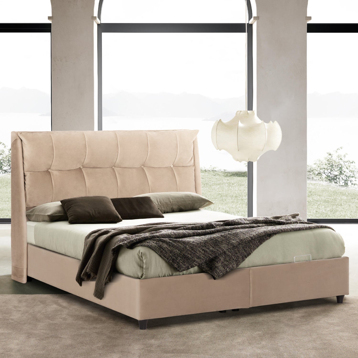 Легло с място за съхранение DREAMLET бежов велур - за матрак 160x200см.