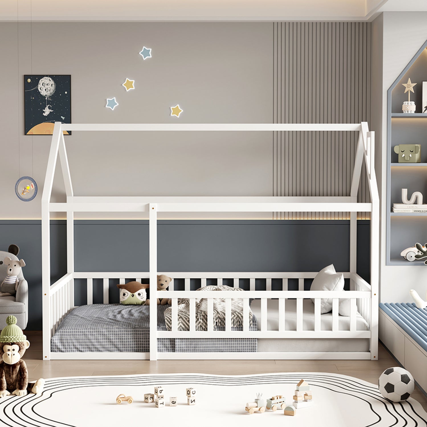 Детско легло с предпазни релси HOUSER t.MONTESSORI масивна борова дървесина в бяло - 190x90cm.