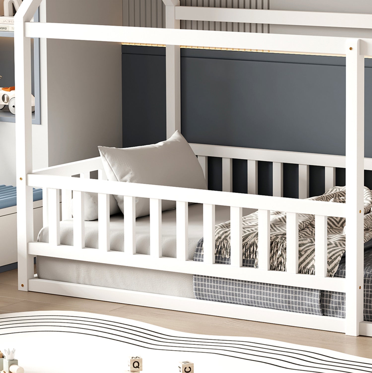 Детско легло с предпазни релси HOUSER t.MONTESSORI масивна борова дървесина в бяло - 190x90cm.