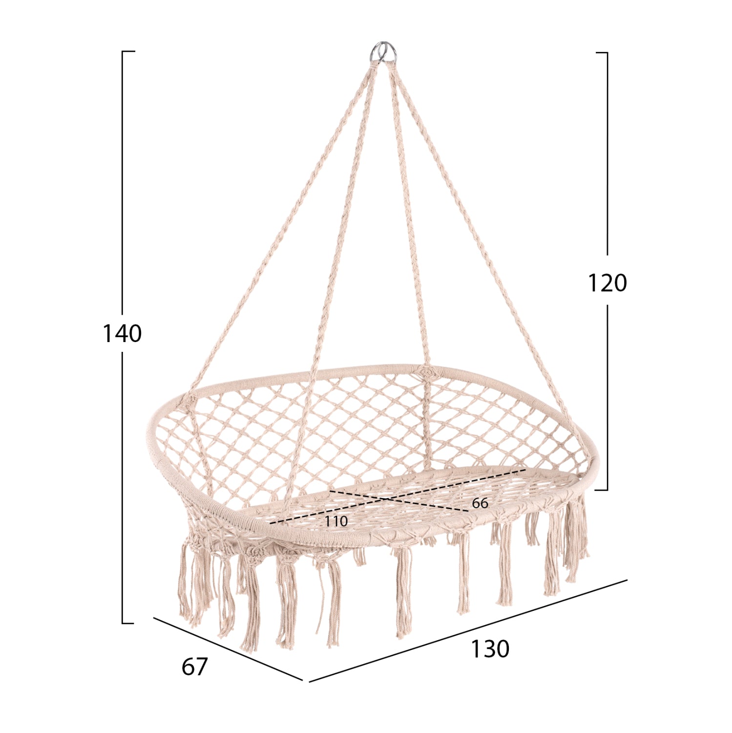 ОКАЧЕН ГНЕЗДО 2-МЕСТЕН МАКРАМЕ ВЪЖЕ БЕЖОВ ЦВЯТ 130x67x120-140Hсм.