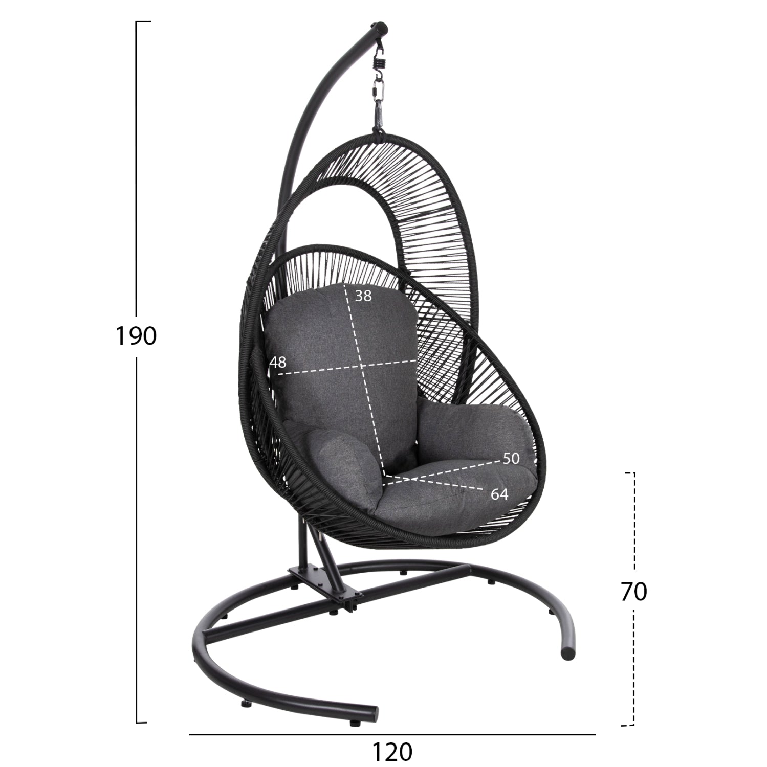 Висящо гнездо HANGING NEST RULER черен метал и синтетичен ратан - сиви възглавници 120x110x190Hсм.