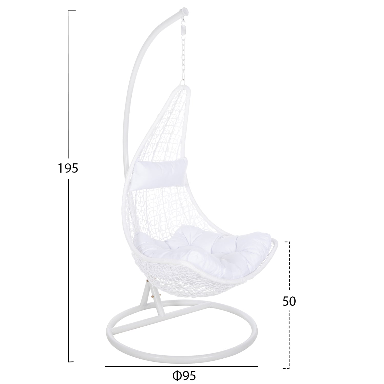 Висящо гнездо MILLIE метал - синтетичен ратан с бели възглавници Φ95x195Hcm.