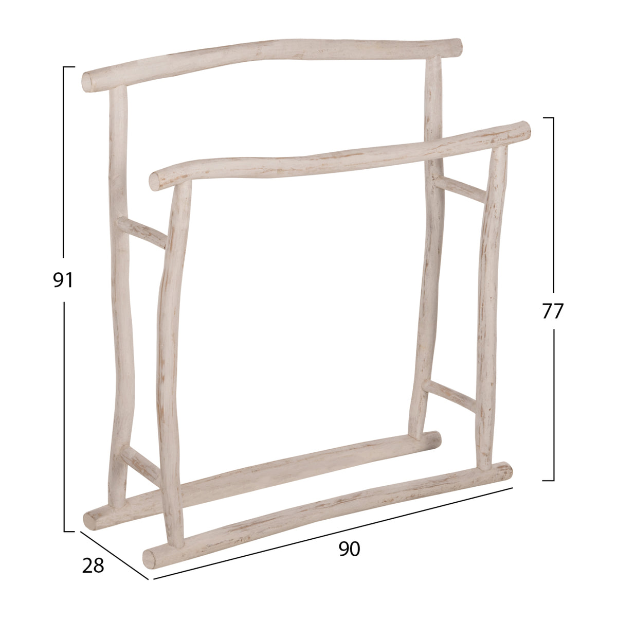 Закачалка за кърпи OREG тикови клони в бял патинен цвят 90x28x77-91Hcm.