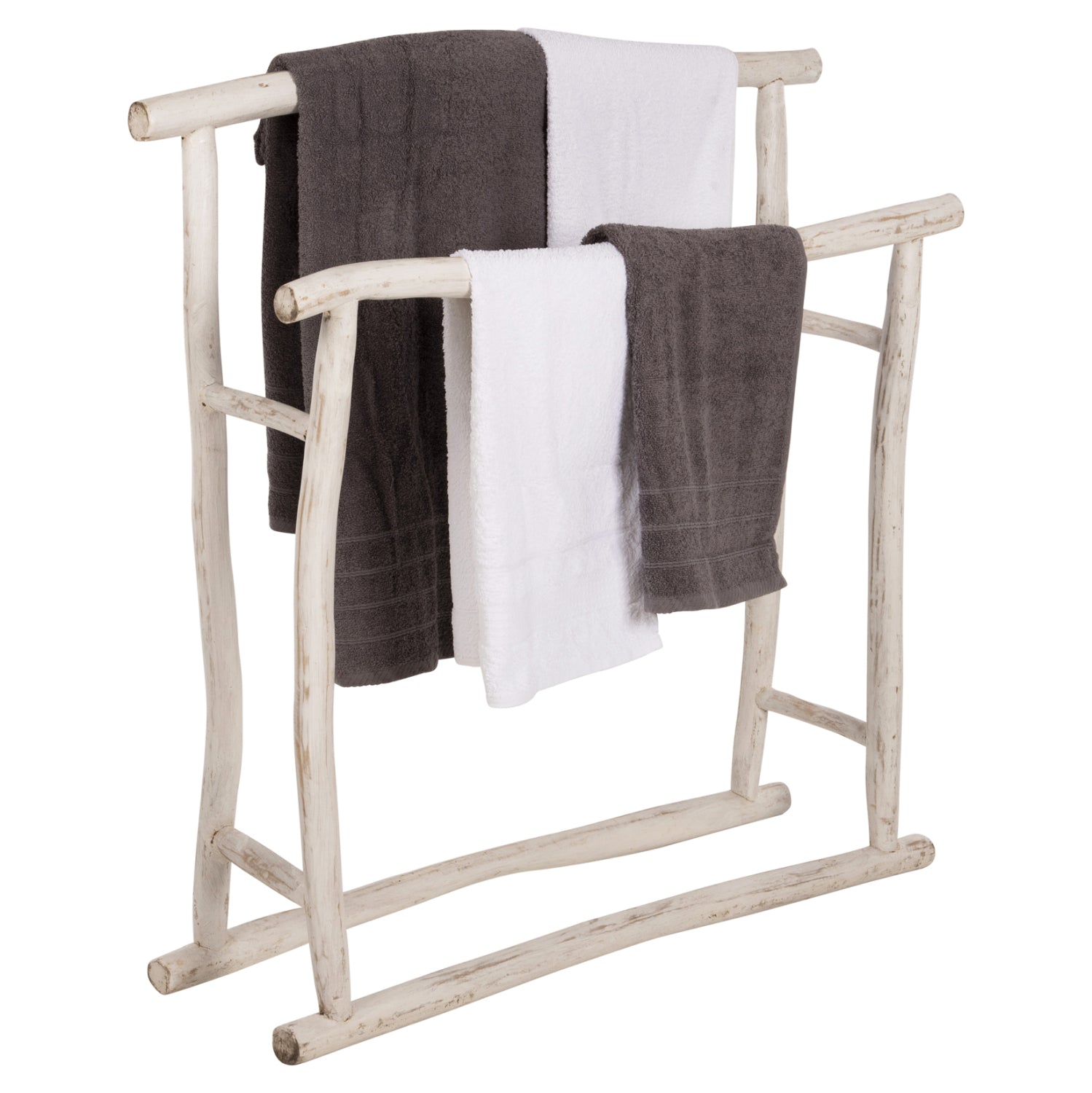 Закачалка за кърпи OREG тикови клони в бял патинен цвят 90x28x77-91Hcm.