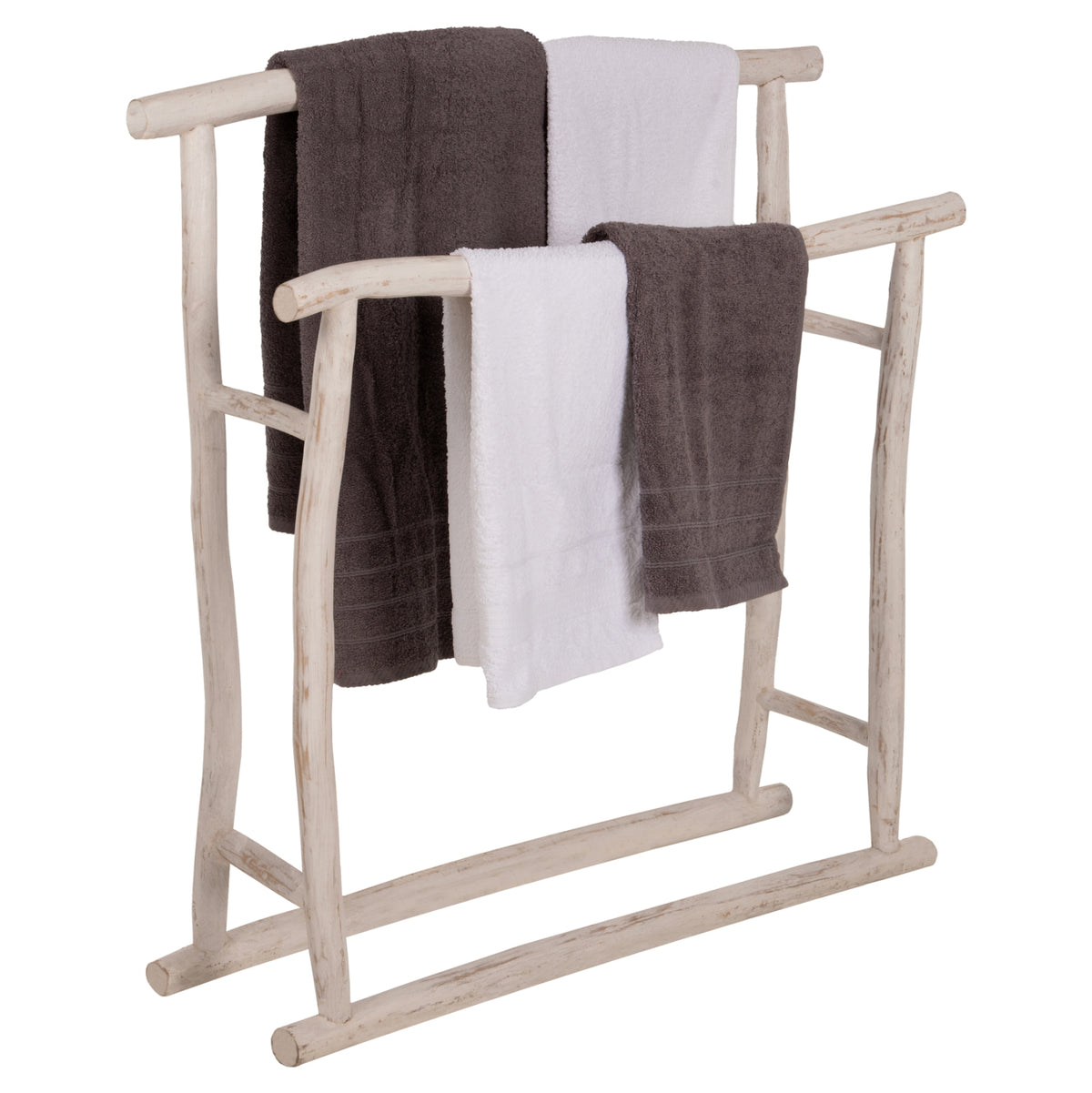 Закачалка за кърпи OREG тикови клони в бял патинен цвят 90x28x77-91Hcm.