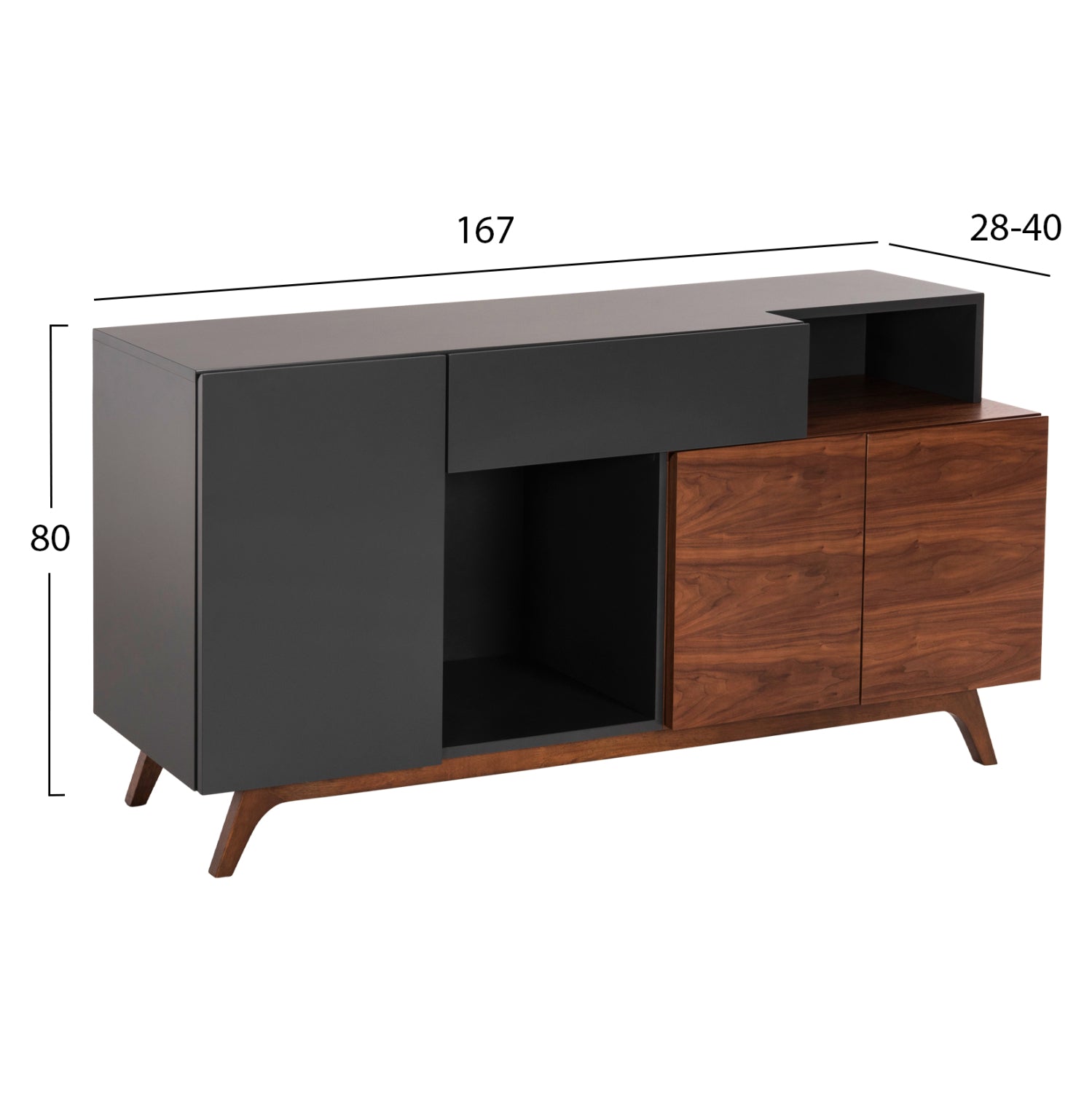 БУФЕТ PREDA MDF с орехов и тъмно сив фурнир 167x28-40x80Hсм.