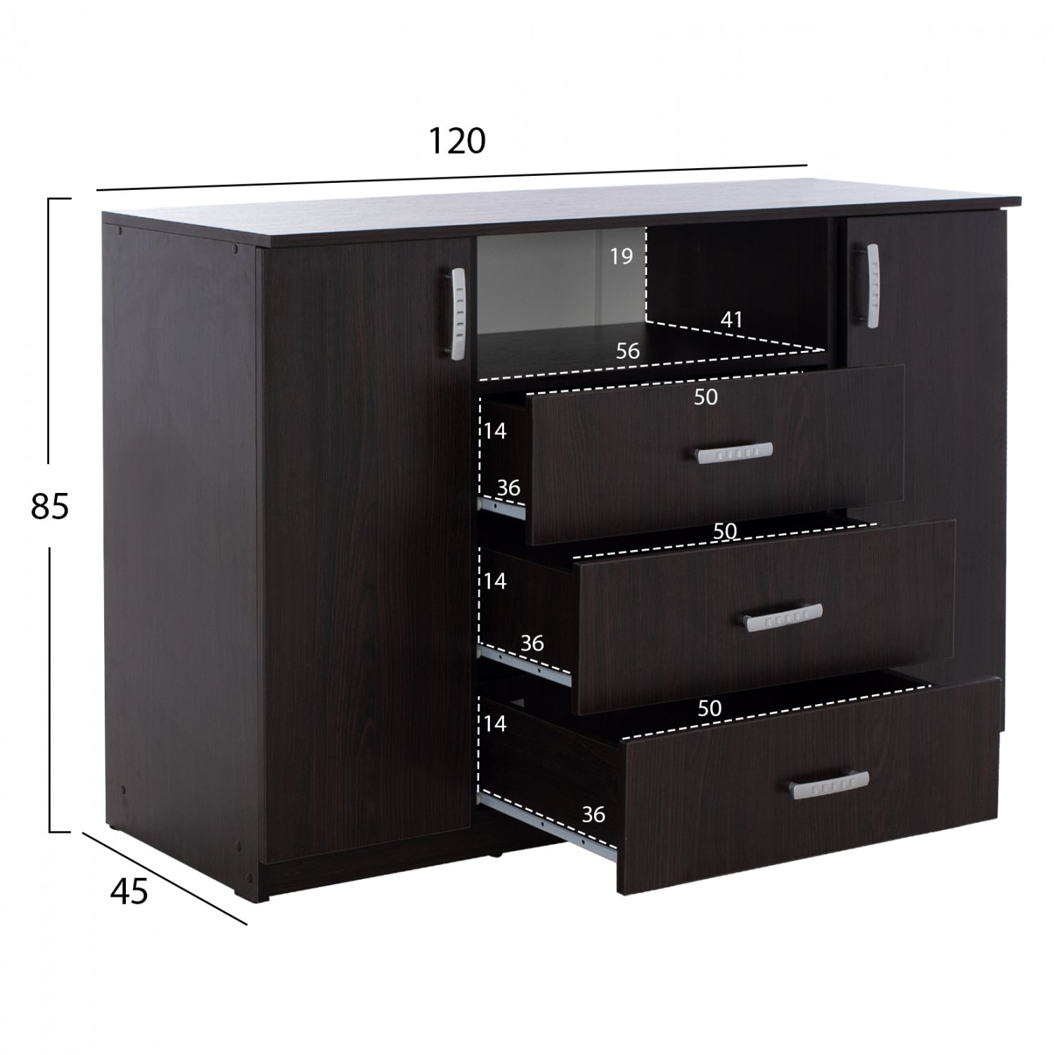 Буфет с 2 врати и 3 чекмеджета Adler венге 120x45x85 см.