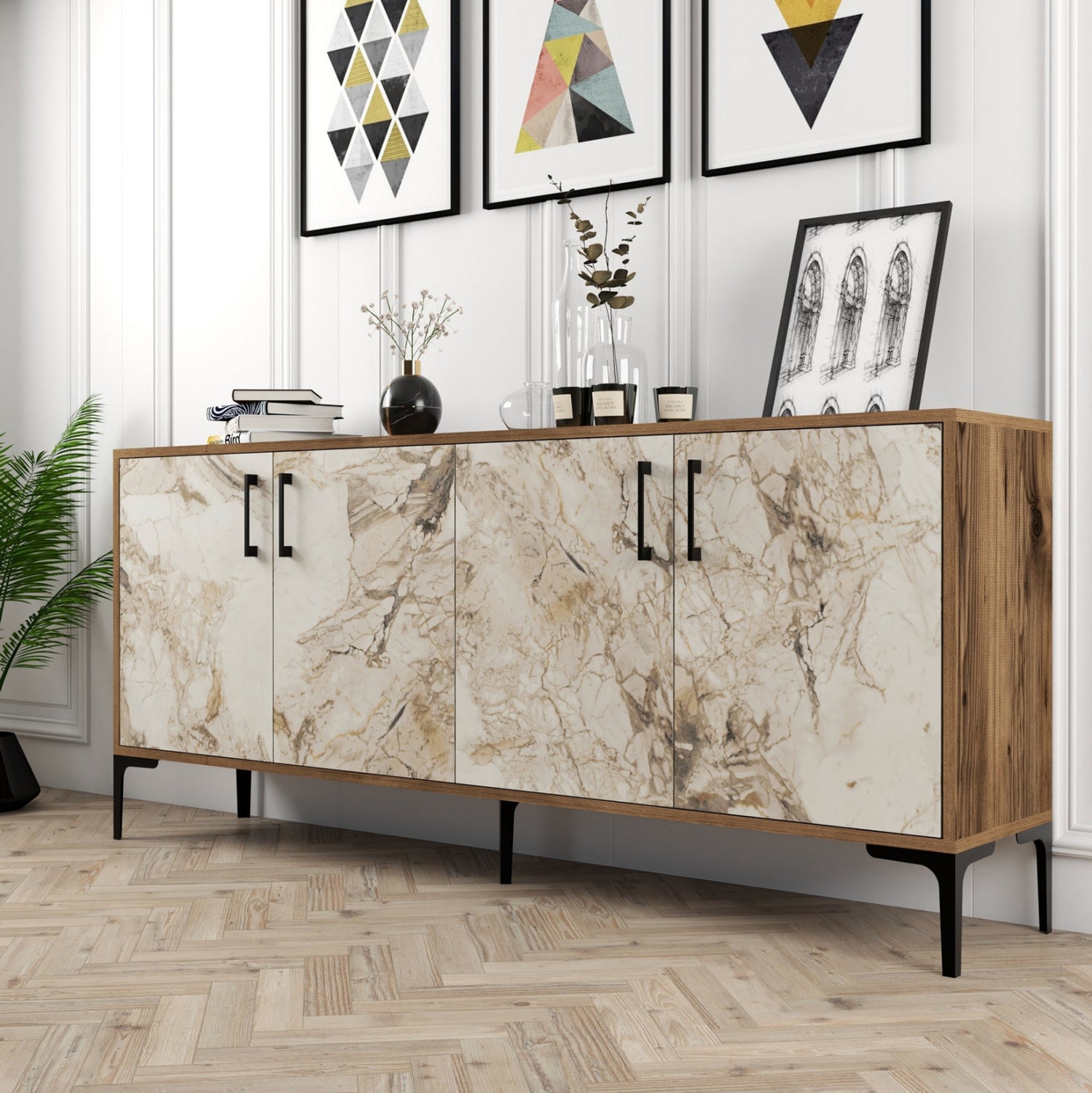 Буфет меламин екрю с мраморен ефект и орех 180x35x78Hсм.