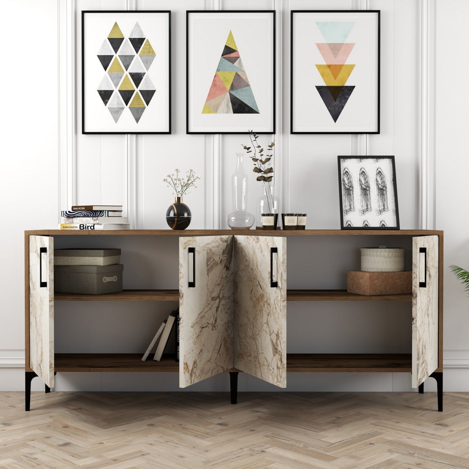 Буфет меламин екрю с мраморен ефект и орех 180x35x78Hсм.