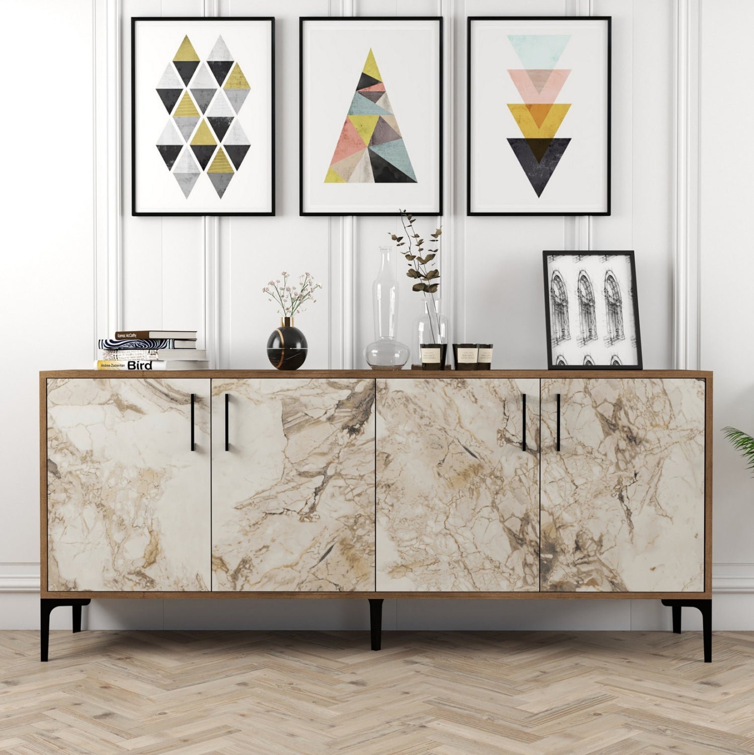 Буфет меламин екрю с мраморен ефект и орех 180x35x78Hсм.