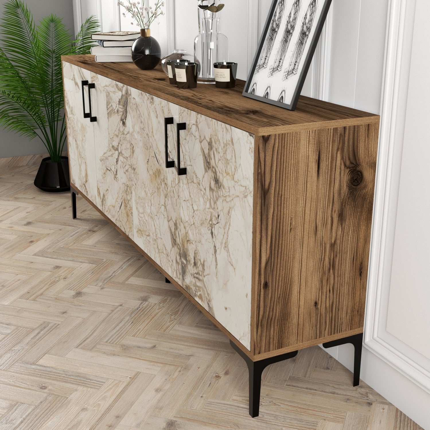 Буфет меламин екрю с мраморен ефект и орех 180x35x78Hсм.