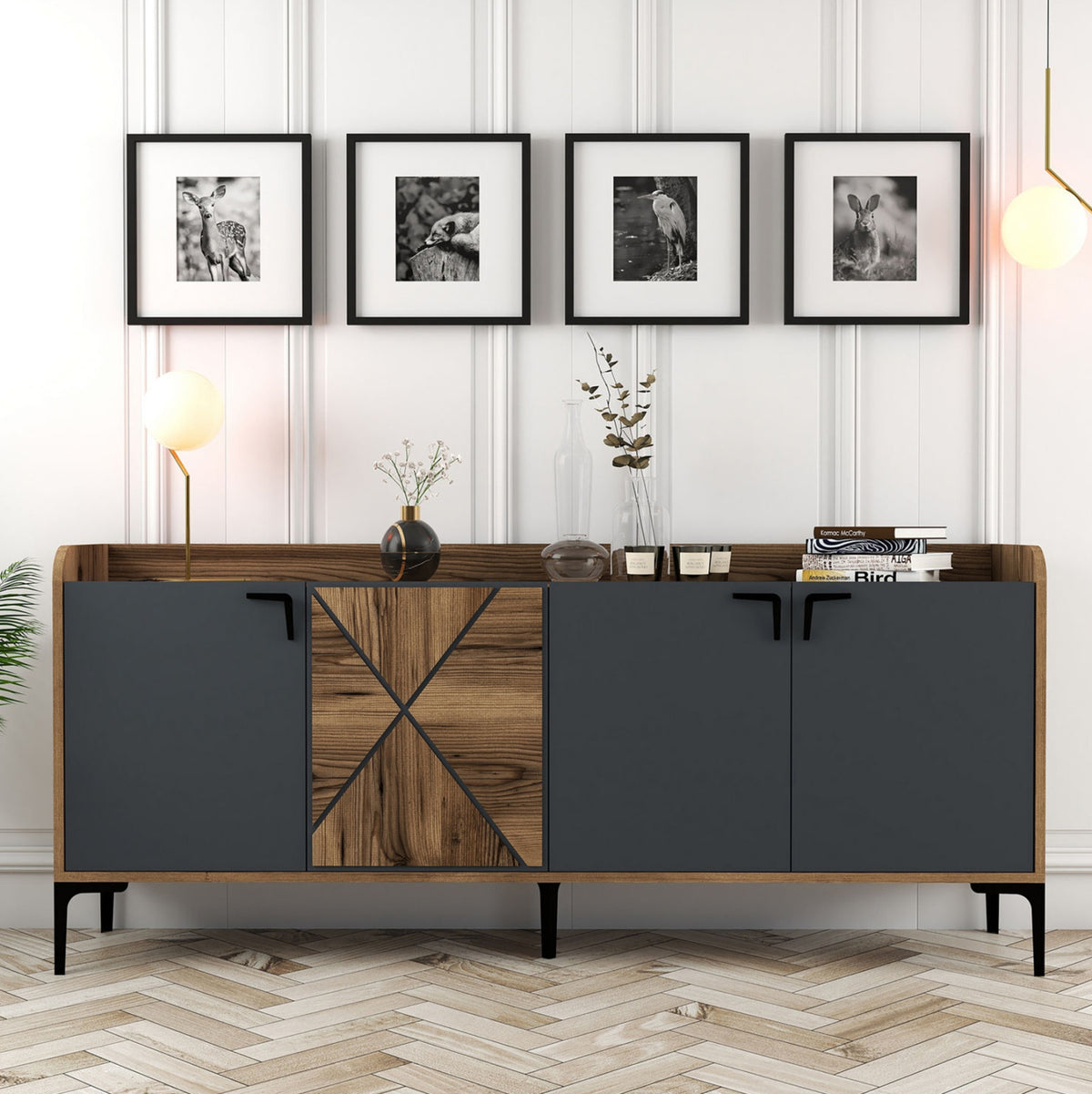 Буфет меламин орех и въглен сив 180x35x78Hсм.