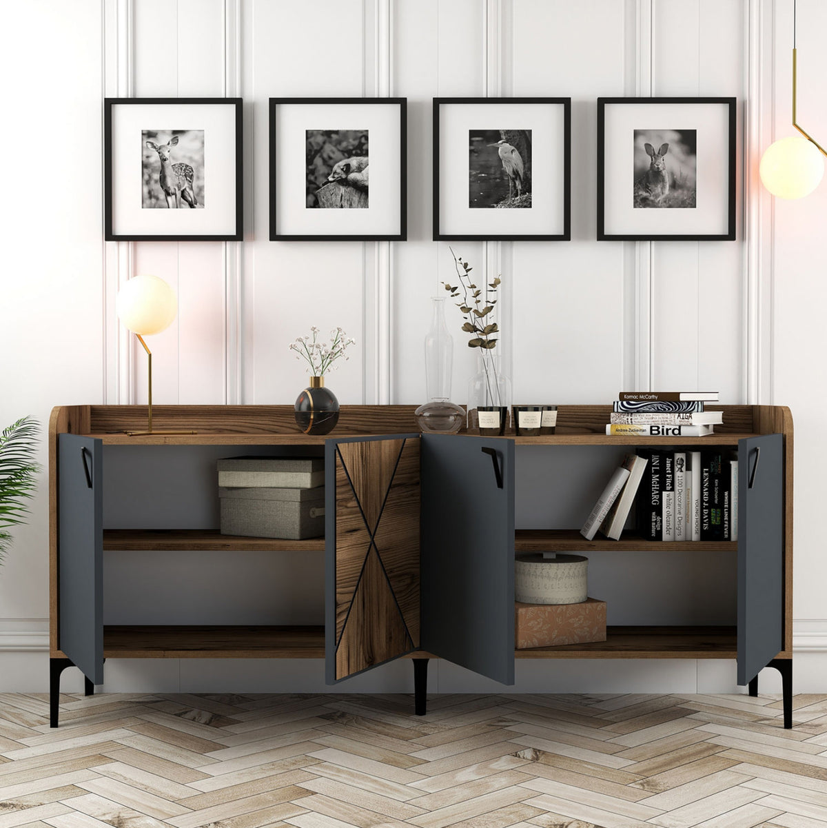 Буфет меламин орех и въглен сив 180x35x78Hсм.