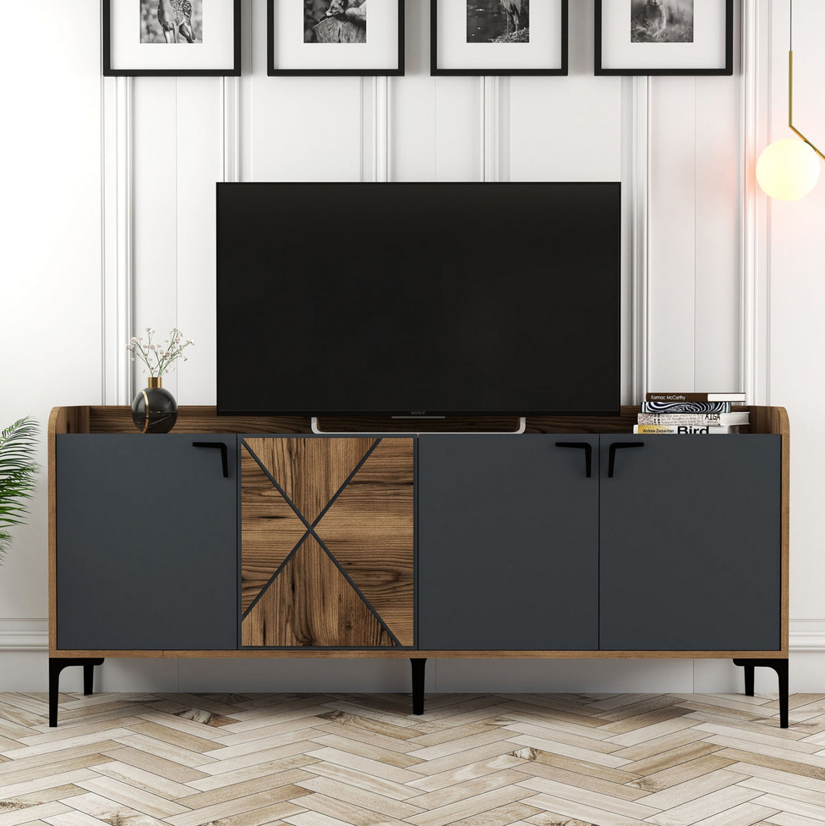 Буфет меламин орех и въглен сив 180x35x78Hсм.