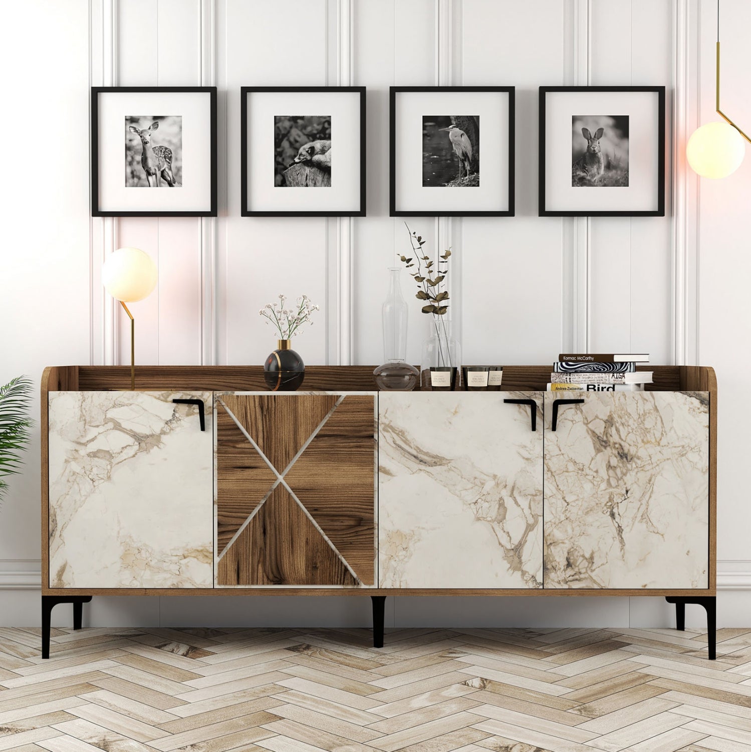 Буфет меламин орех и бял мраморен ефект 180x35x78Hсм.