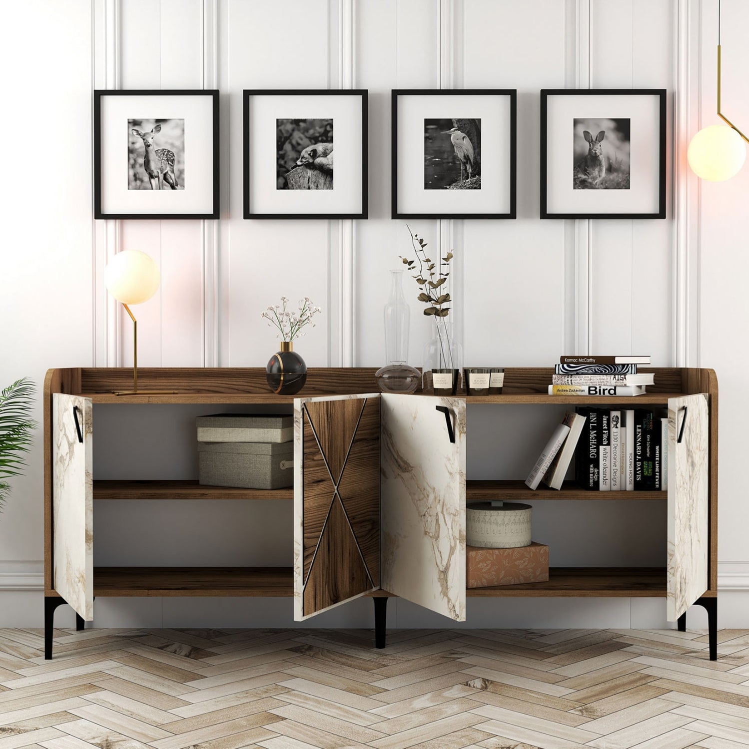 Буфет меламин орех и бял мраморен ефект 180x35x78Hсм.
