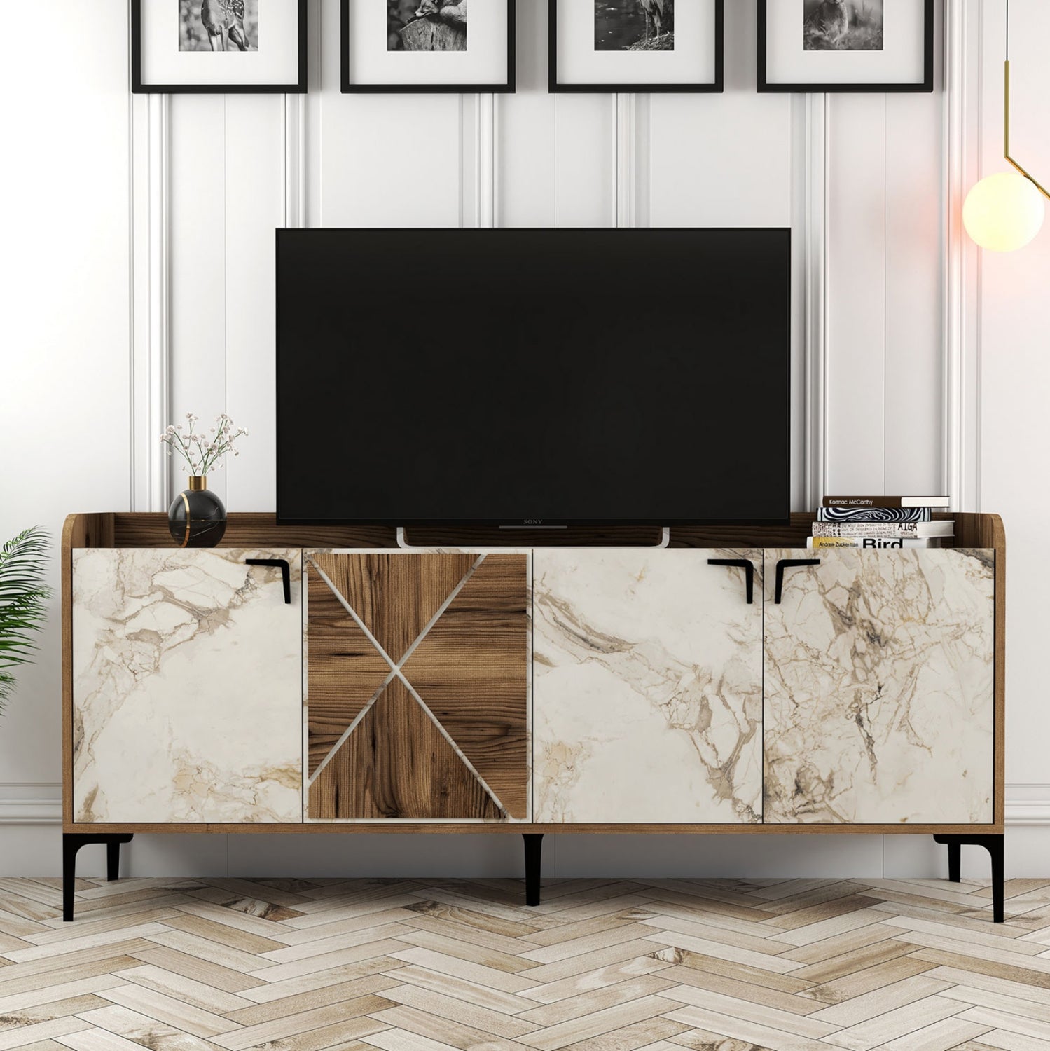 Буфет меламин орех и бял мраморен ефект 180x35x78Hсм.