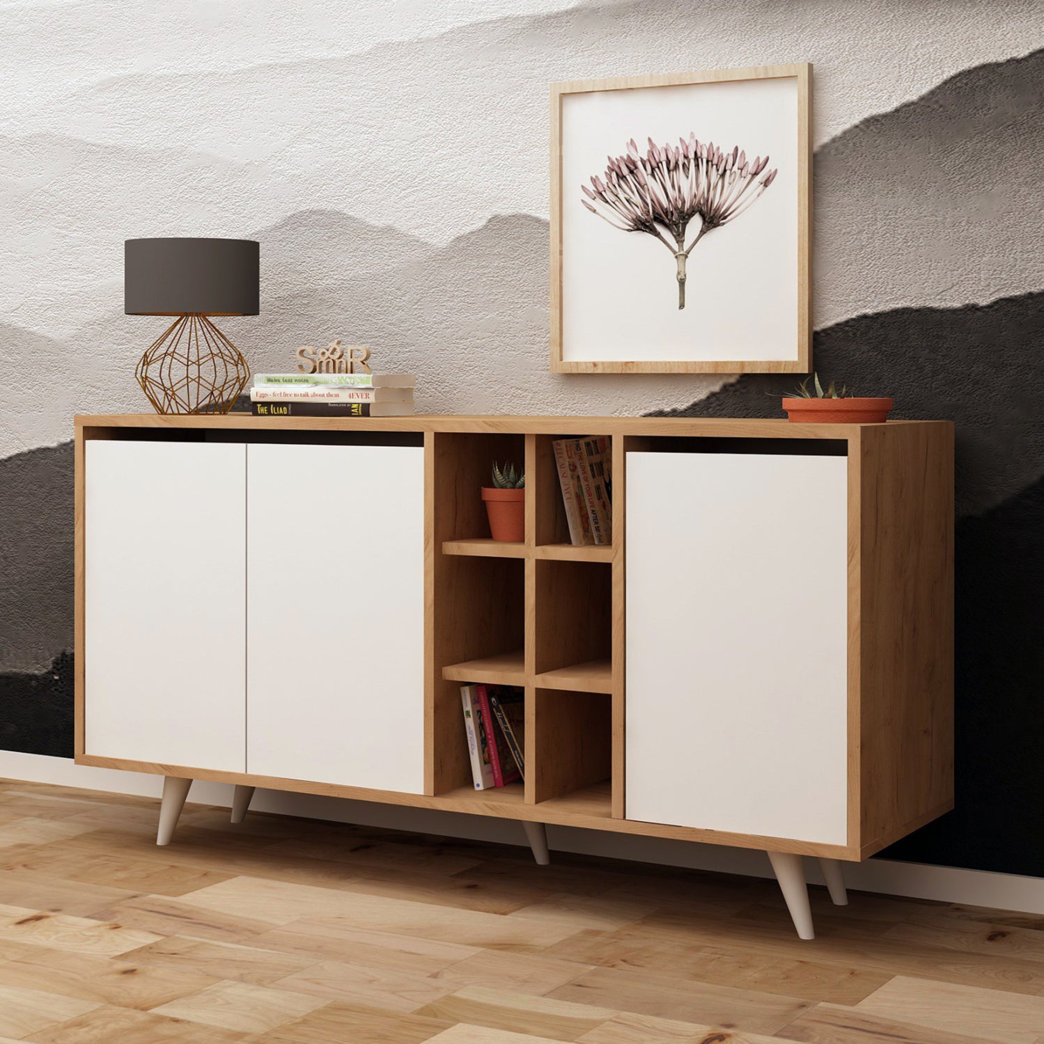 Буфет BRIAR меламин орех и бял цвят 140x40x86Hсм.
