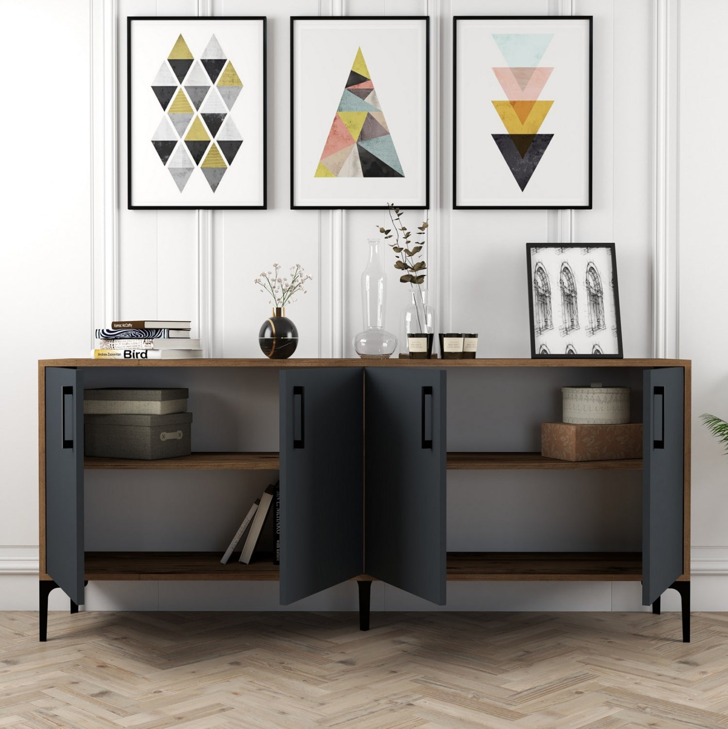 Буфет меламин орех с въглен сиви врати 180x35x78Hсм.