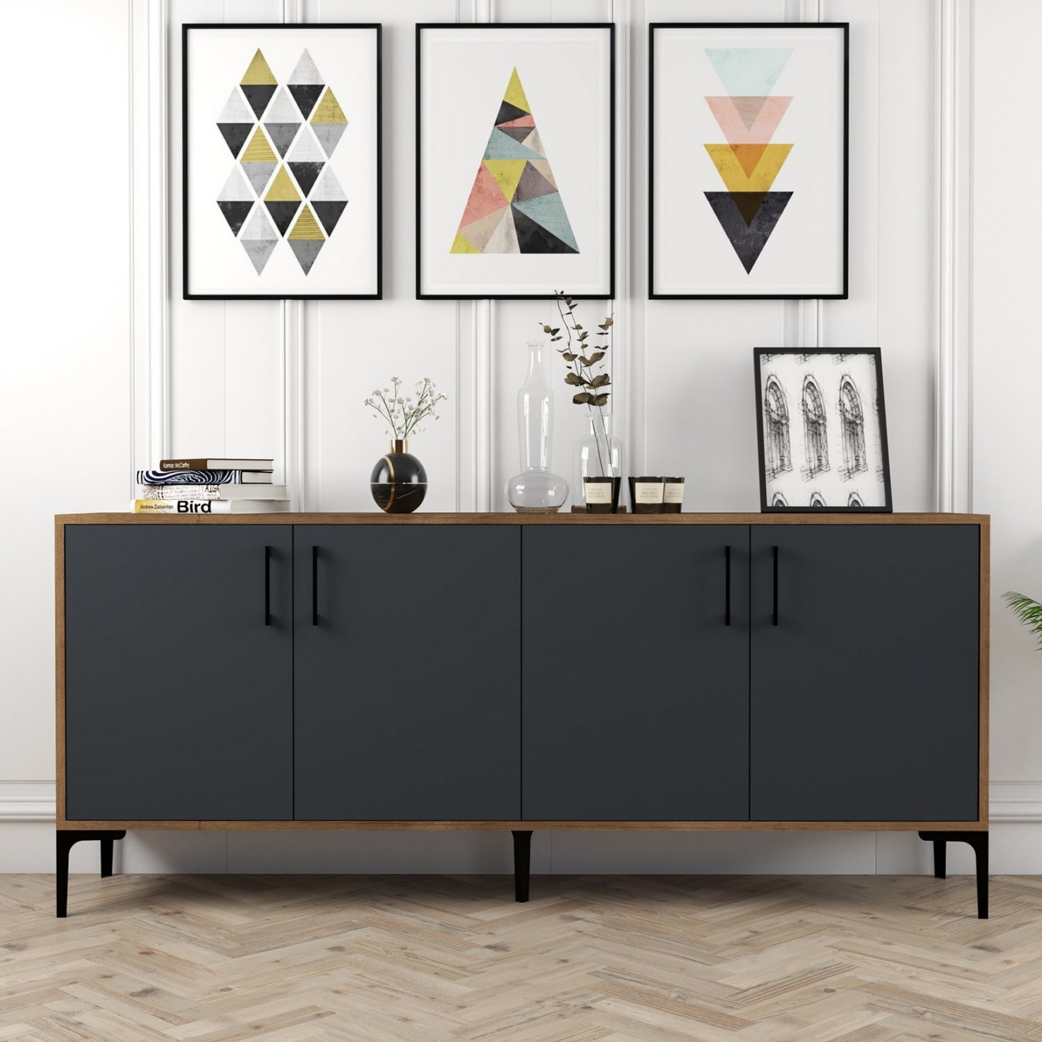 Буфет меламин орех с въглен сиви врати 180x35x78Hсм.