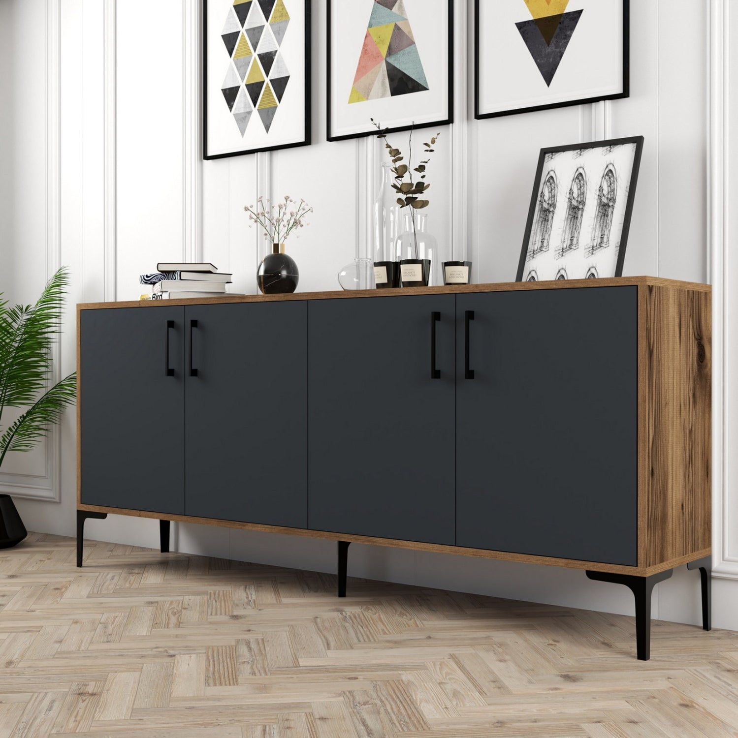 Буфет меламин орех с въглен сиви врати 180x35x78Hсм.