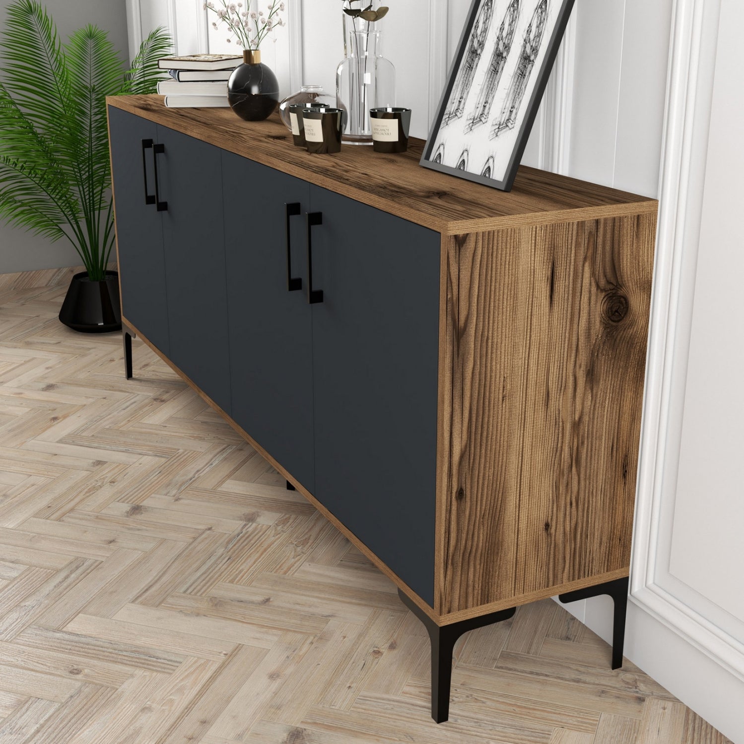 Буфет меламин орех с въглен сиви врати 180x35x78Hсм.