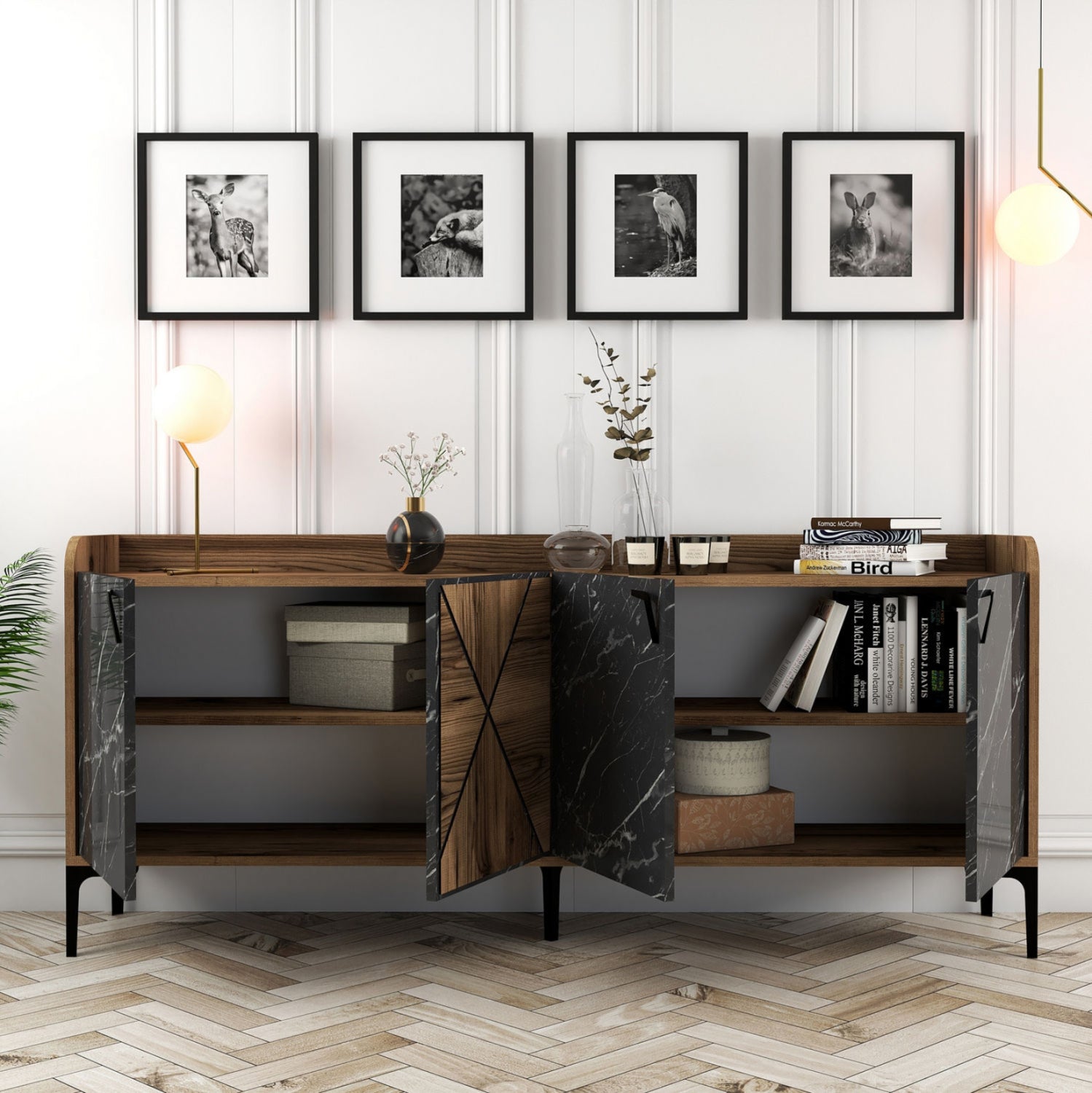 БУФЕТ МЕЛАМИН ОРЕХ С ВРАТИ С ЧЕРЕН МРАМОРЕН ВИД 180x35x78Hсм.