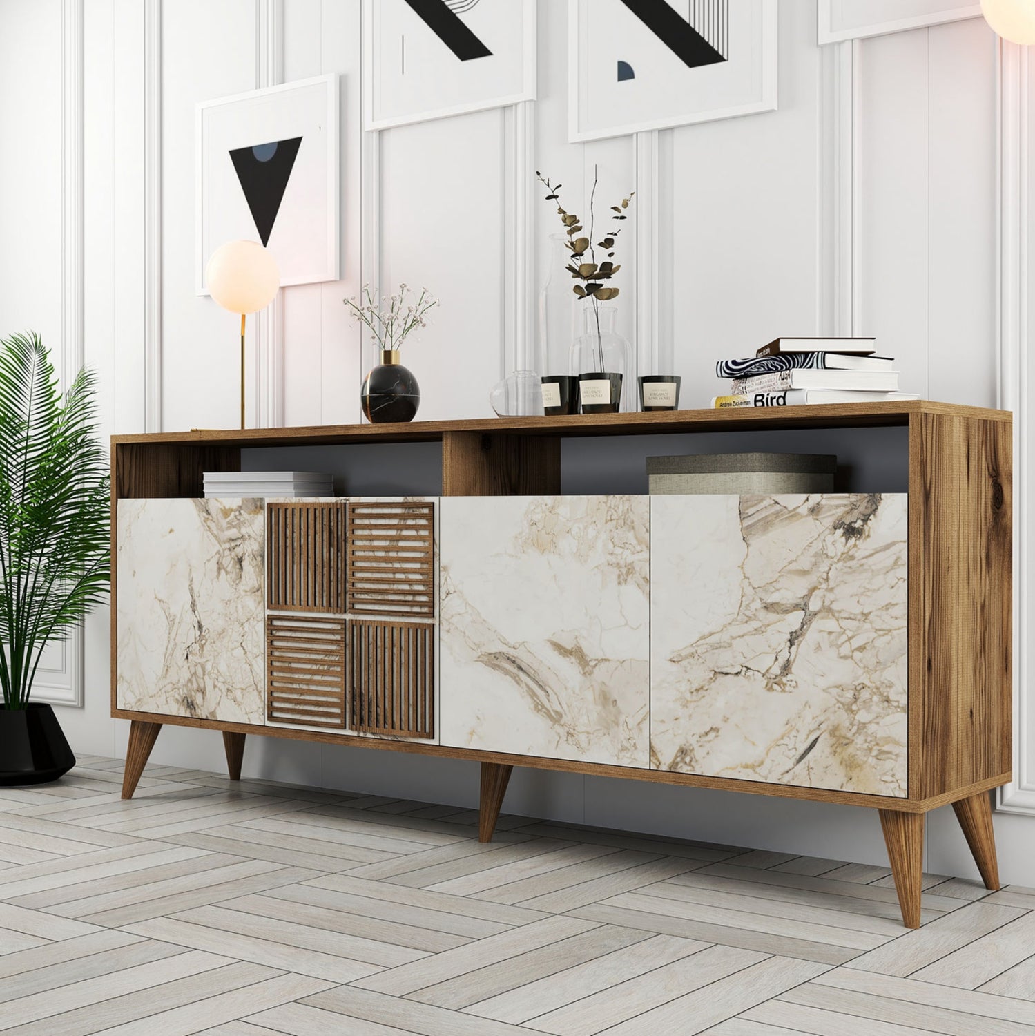 Буфет меламин орех с врати с бял мраморен ефект 180x35x78,6Hcm.