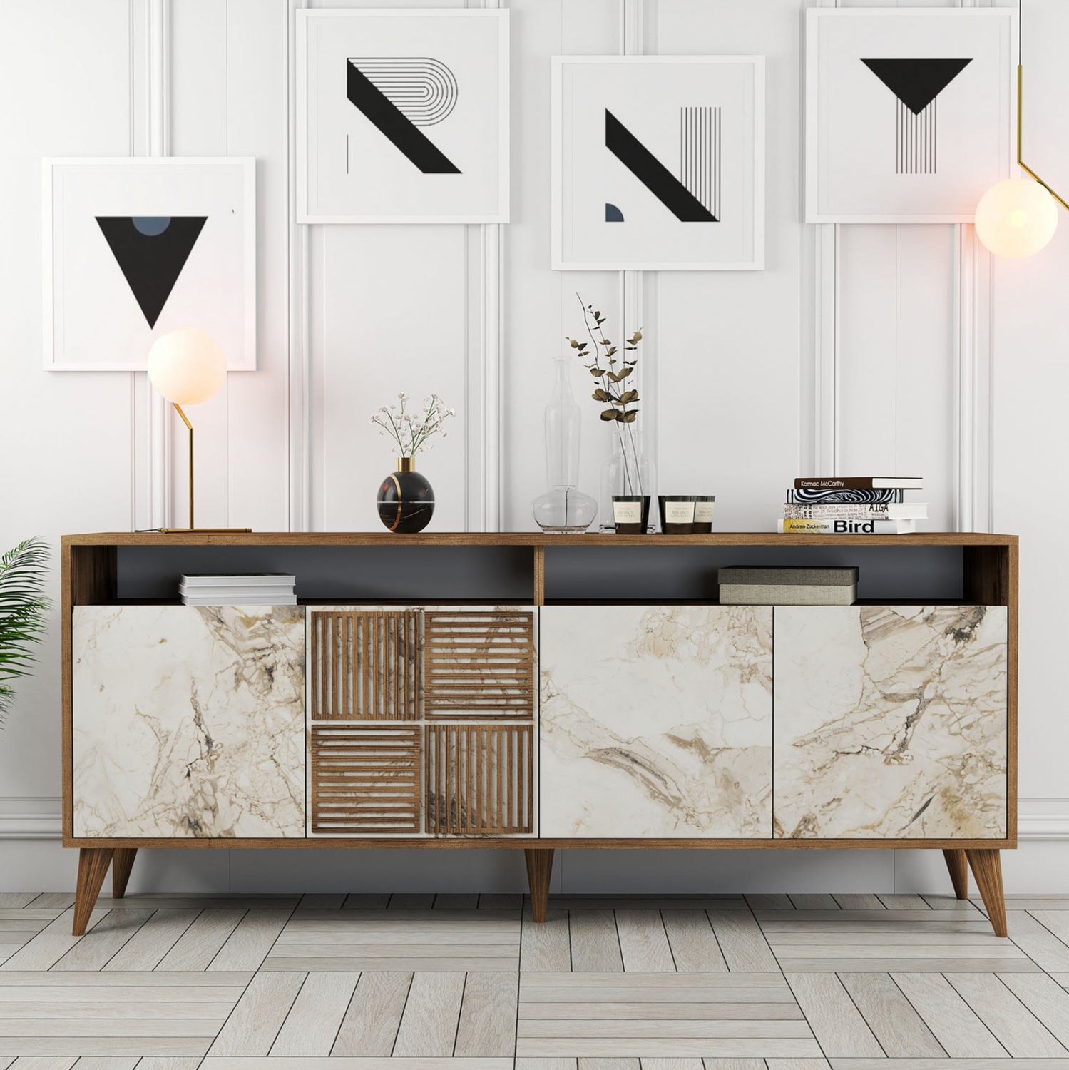 Буфет меламин орех с врати с бял мраморен ефект 180x35x78,6Hcm.