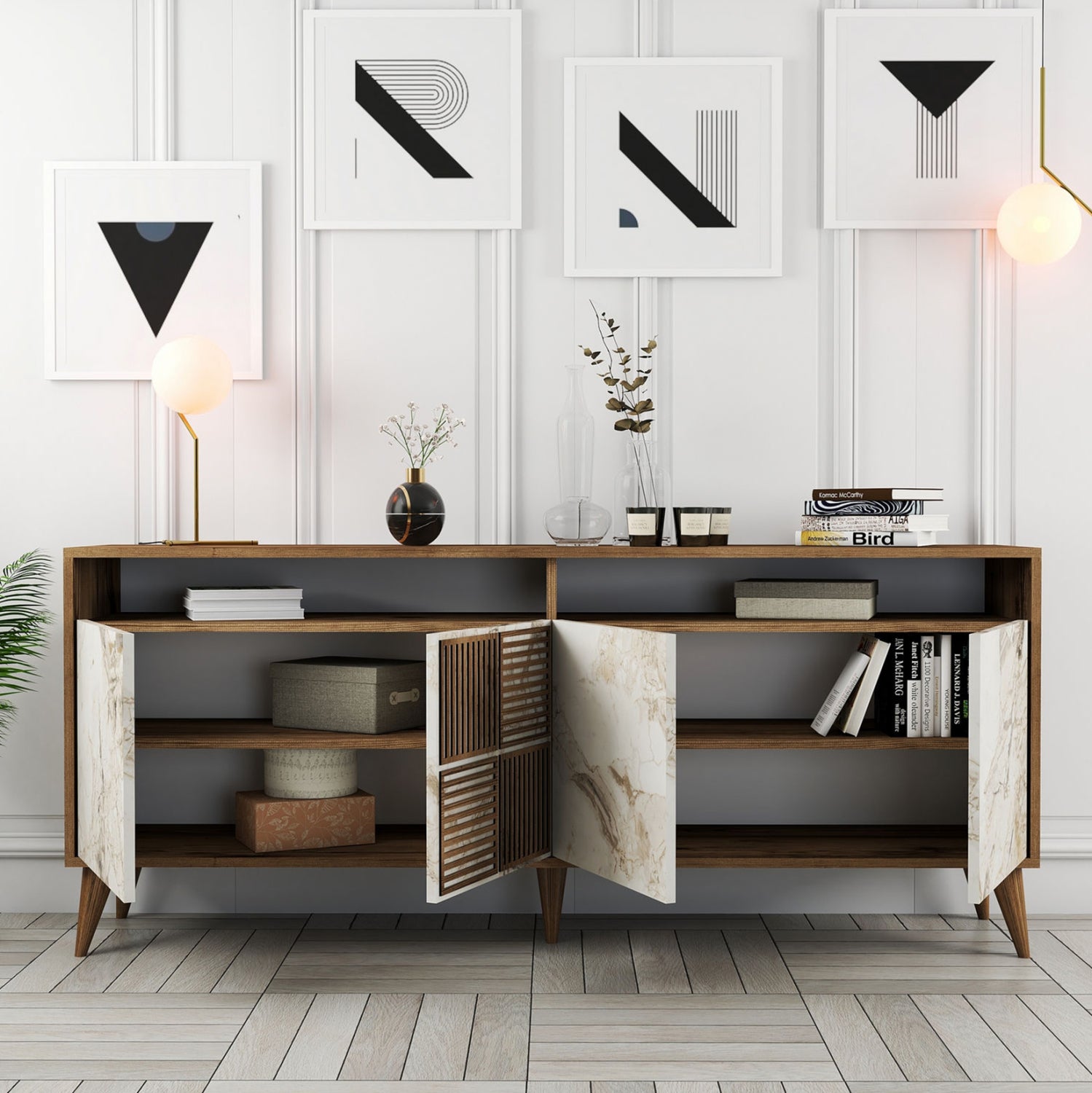 Буфет меламин орех с врати с бял мраморен ефект 180x35x78,6Hcm.