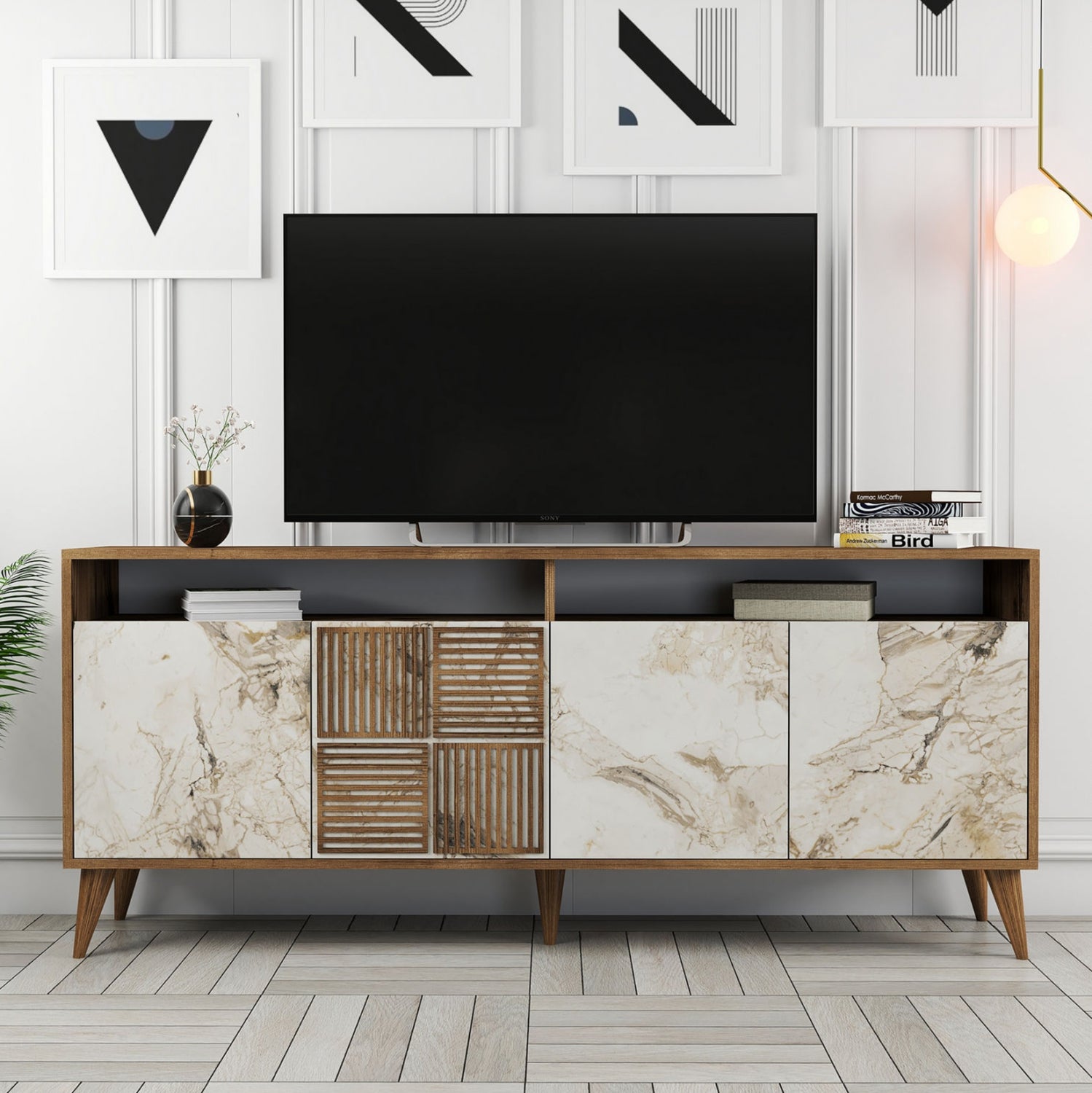 Буфет меламин орех с врати с бял мраморен ефект 180x35x78,6Hcm.