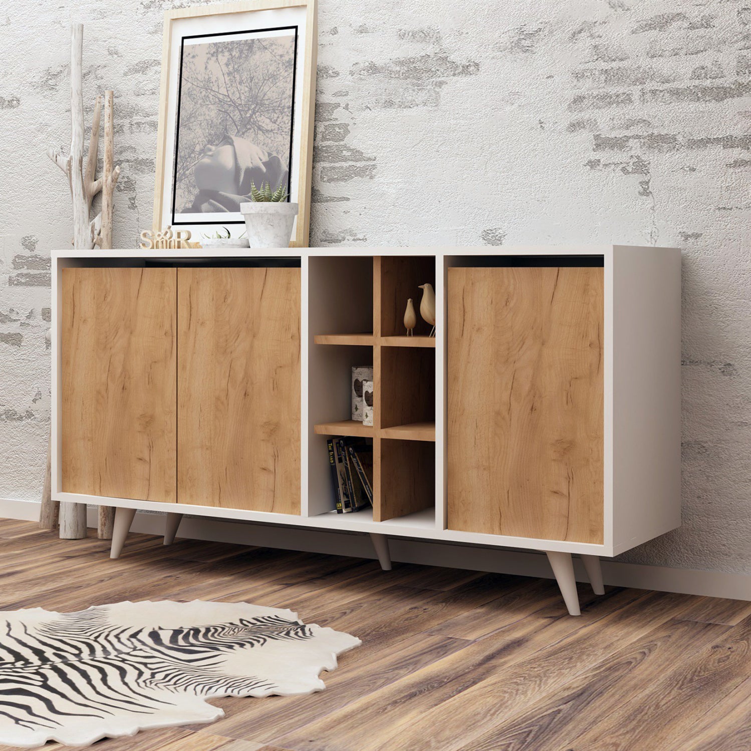 Буфет меламин бял с орехови врати 140x40x86Hсм.