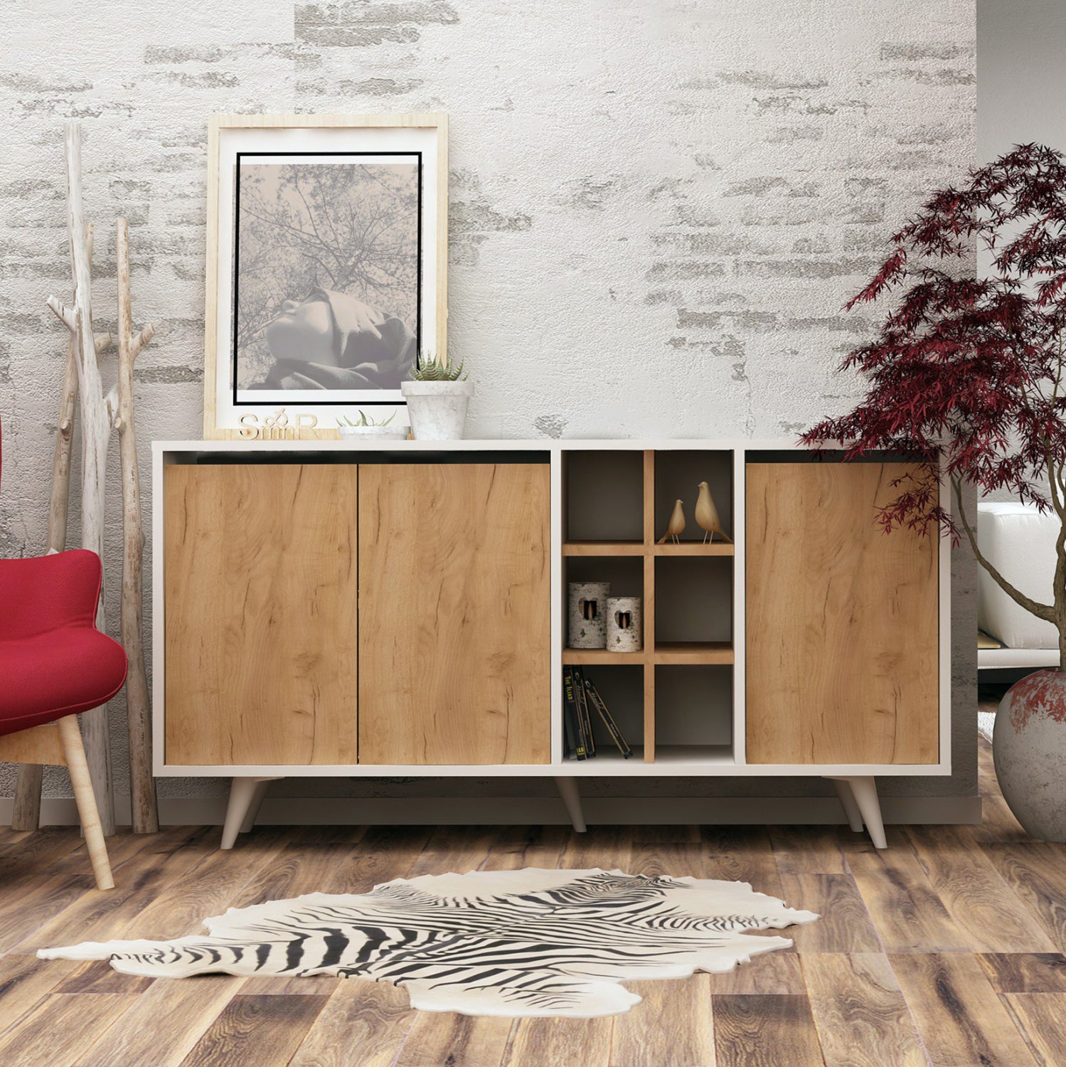 Буфет меламин бял с орехови врати 140x40x86Hсм.