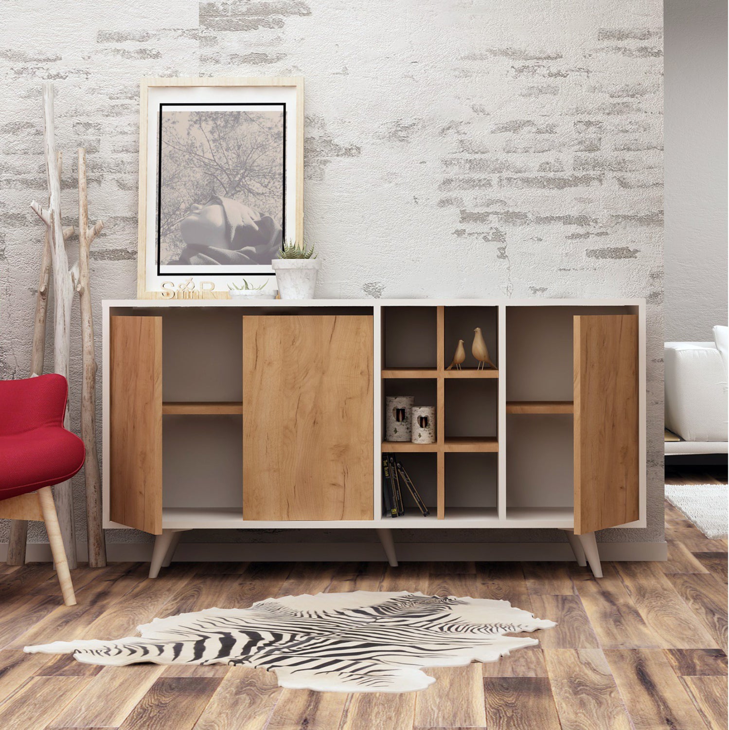 Буфет меламин бял с орехови врати 140x40x86Hсм.