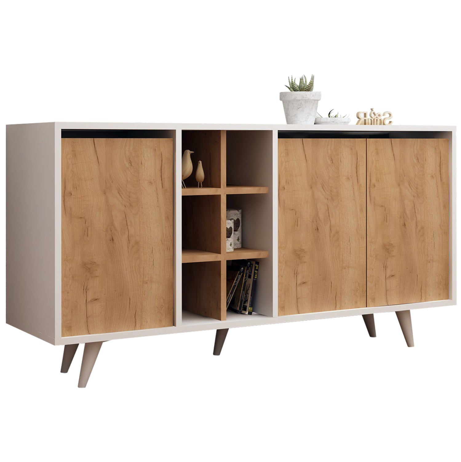 Буфет меламин бял с орехови врати 140x40x86Hсм.