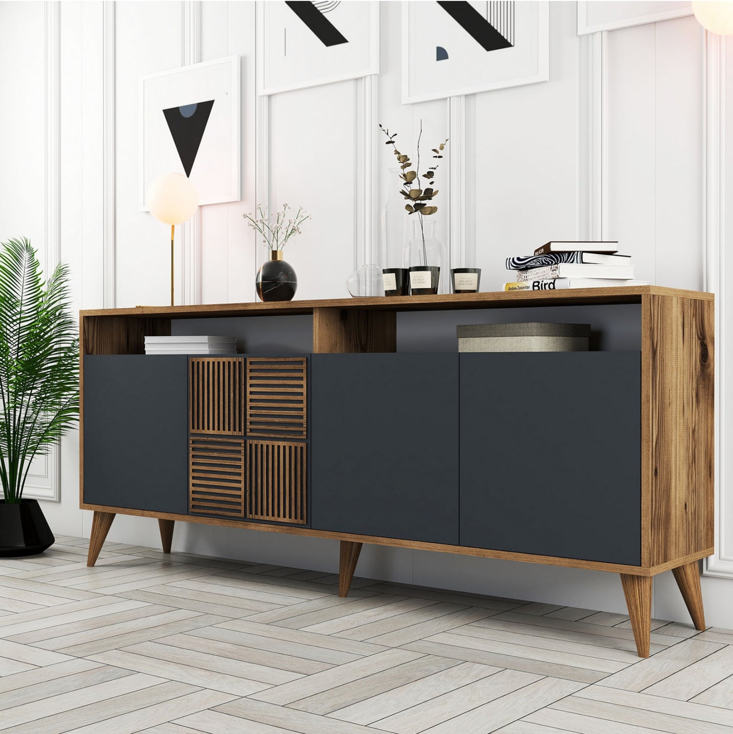 Буфет меламин орех с въглен сиви врати 180x35x78.6Hсм.
