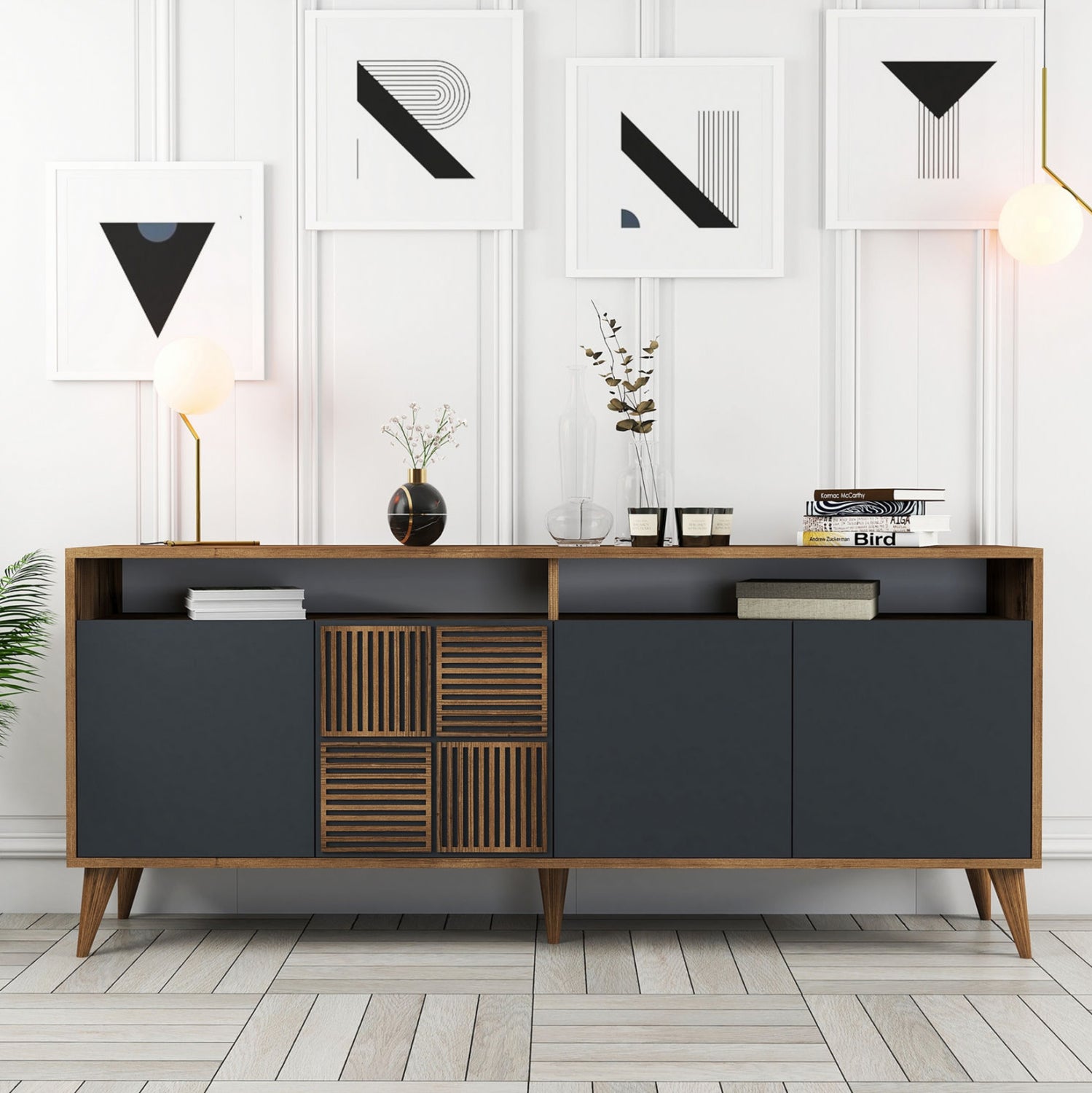 Буфет меламин орех с въглен сиви врати 180x35x78.6Hсм.