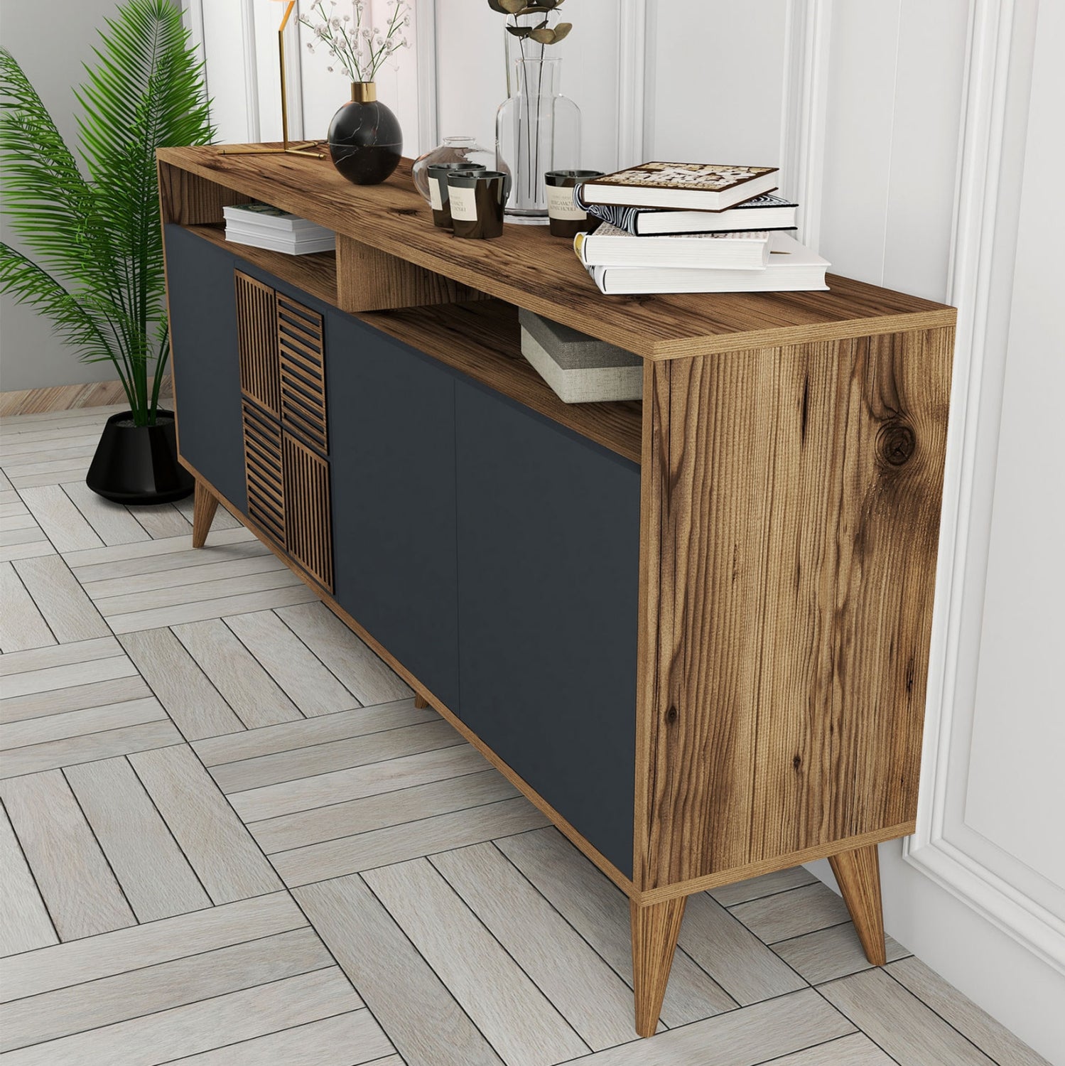 Буфет меламин орех с въглен сиви врати 180x35x78.6Hсм.