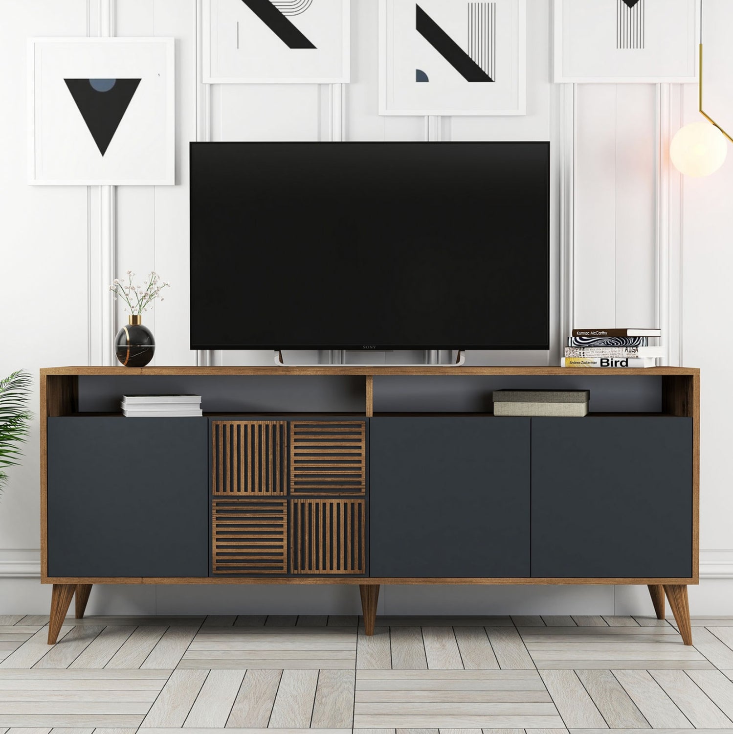 Буфет меламин орех с въглен сиви врати 180x35x78.6Hсм.